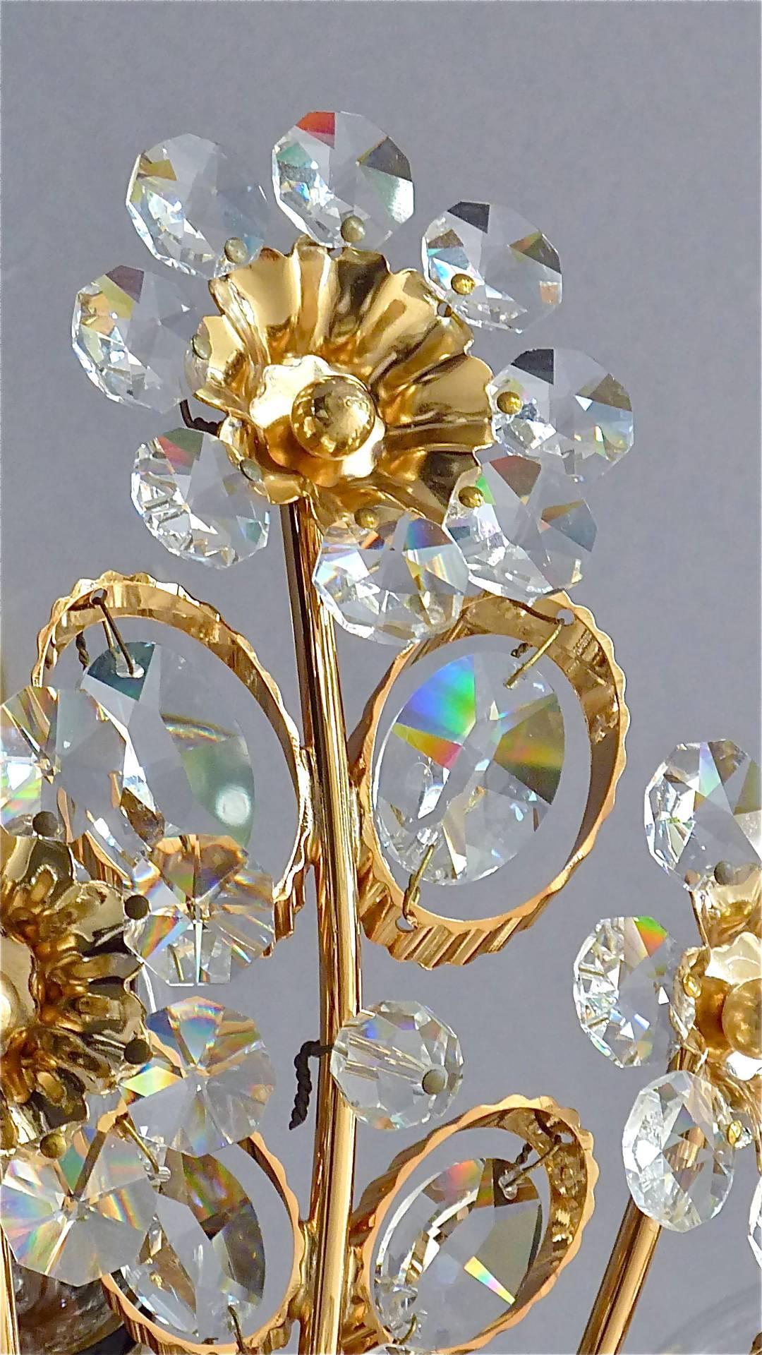 Faceted Palwa Gilt Brass Crystal Glass Flush Mount Chandelier Floral Flower Bouquet 1960