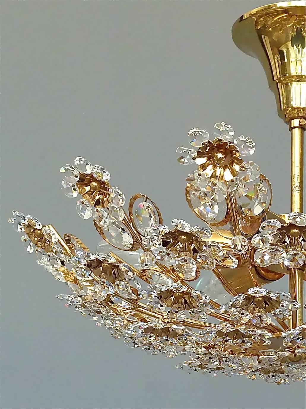 Metal Palwa Gilt Brass Crystal Glass Flush Mount Chandelier Floral Flower Bouquet 1960