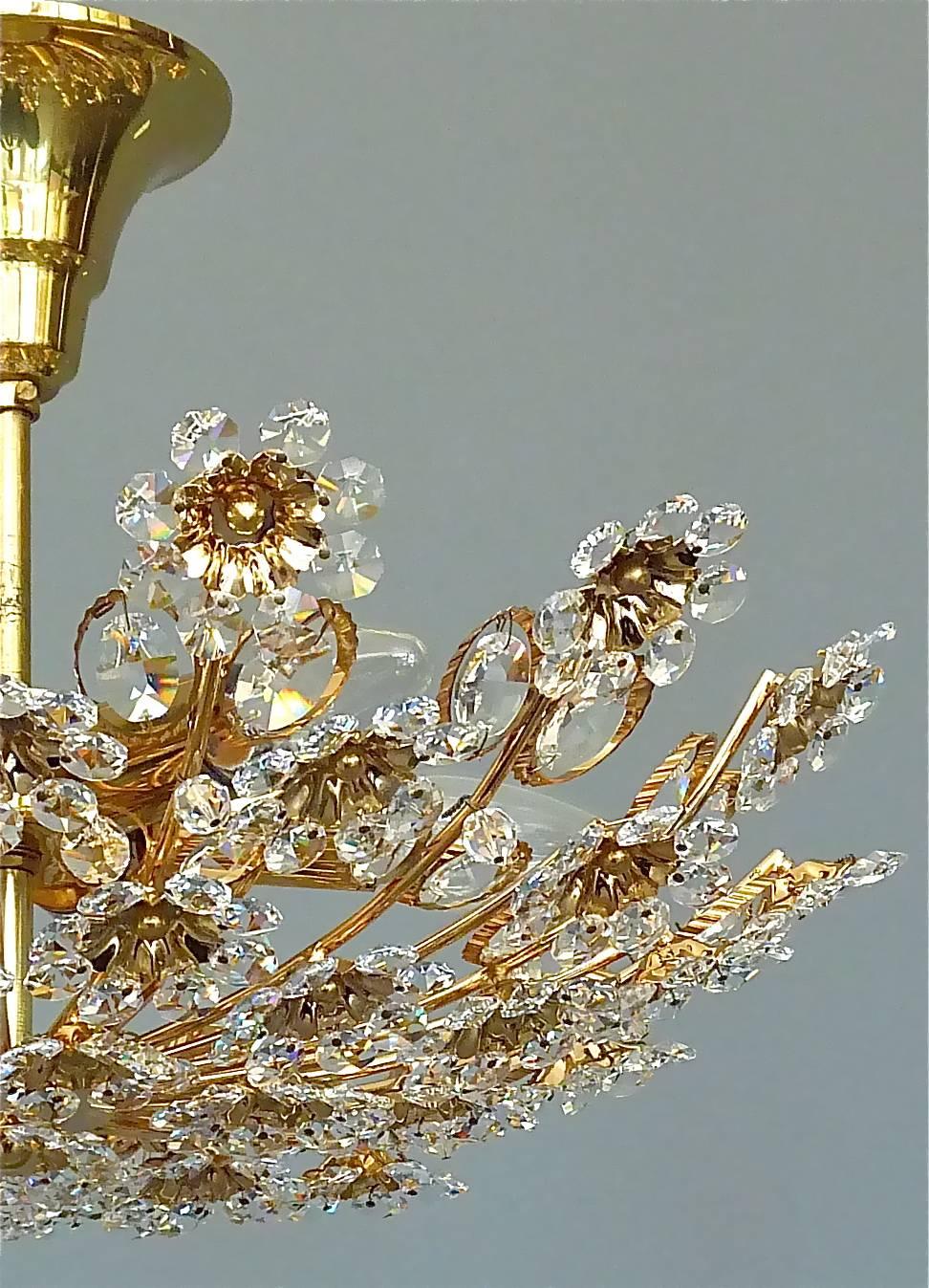 Palwa Gilt Brass Crystal Glass Flush Mount Chandelier Floral Flower Bouquet 1960 1