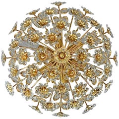 Palwa Gilt Brass Crystal Glass Flush Mount Chandelier Floral Flower Bouquet 1960
