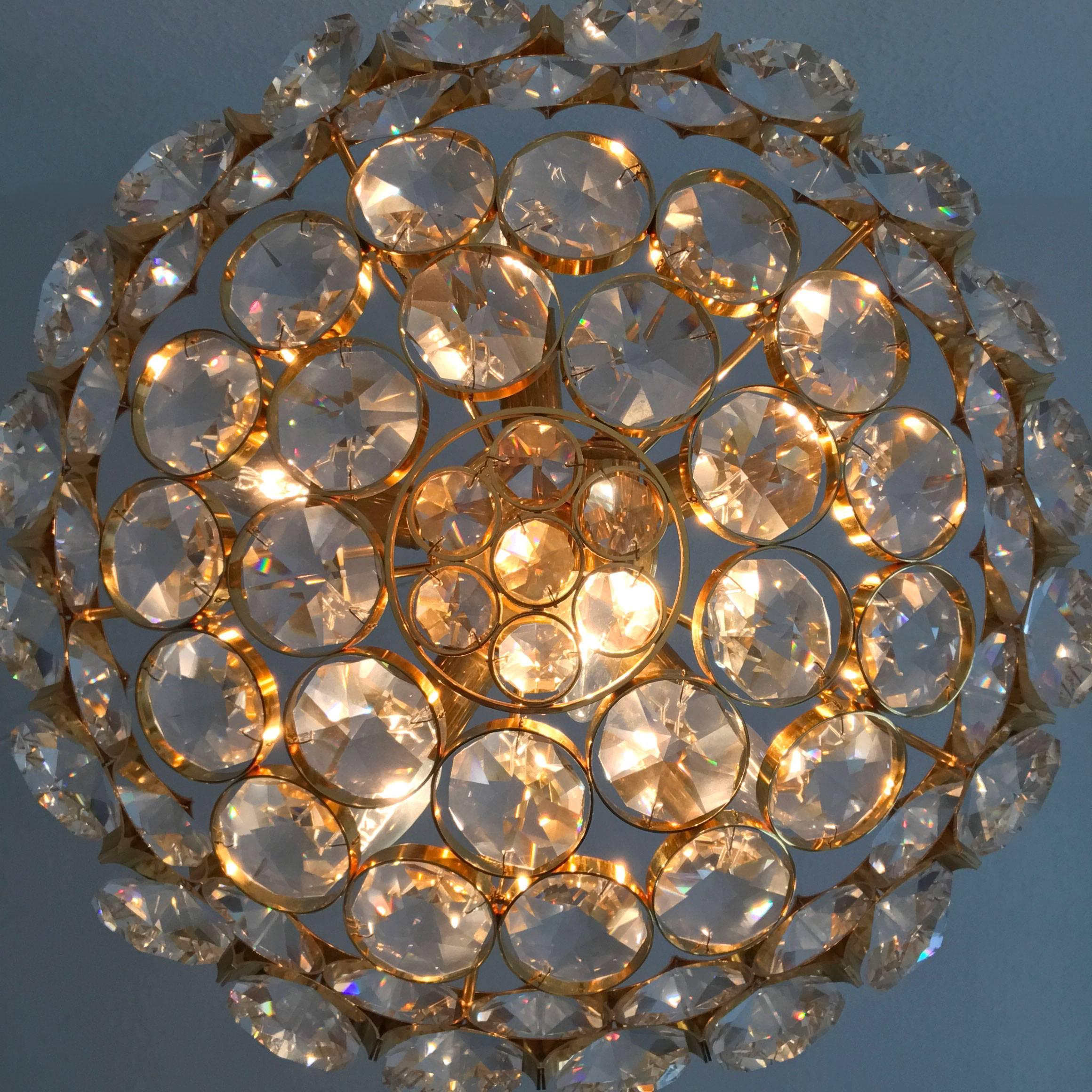 Gorgeous Gilt Brass Facet Cut Crystal Glass Chandelier by Palwa Germany 1960s For Sale 3
