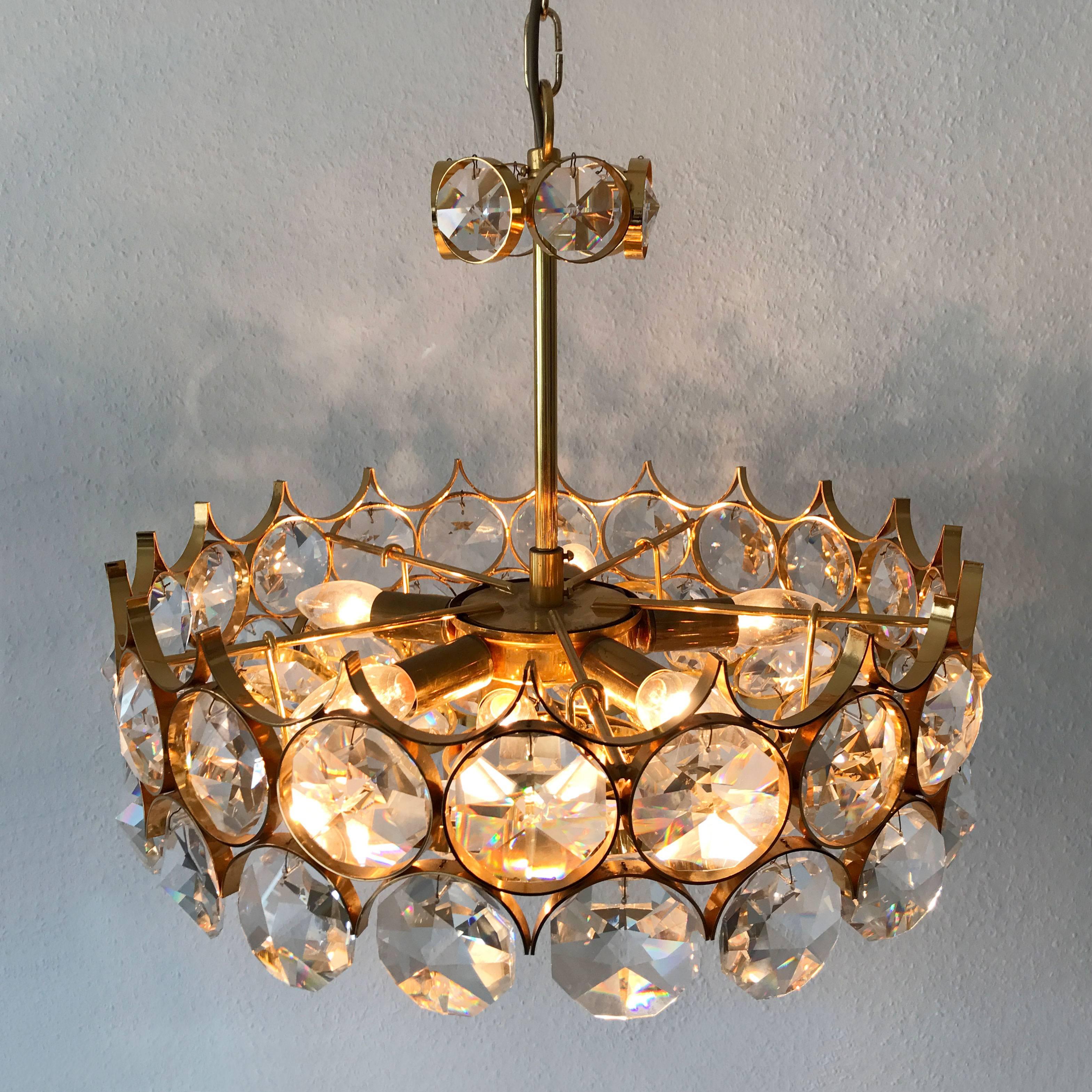 Faceted Gorgeous Gilt Brass Facet Cut Crystal Glass Chandelier by Palwa Germany 1960s For Sale