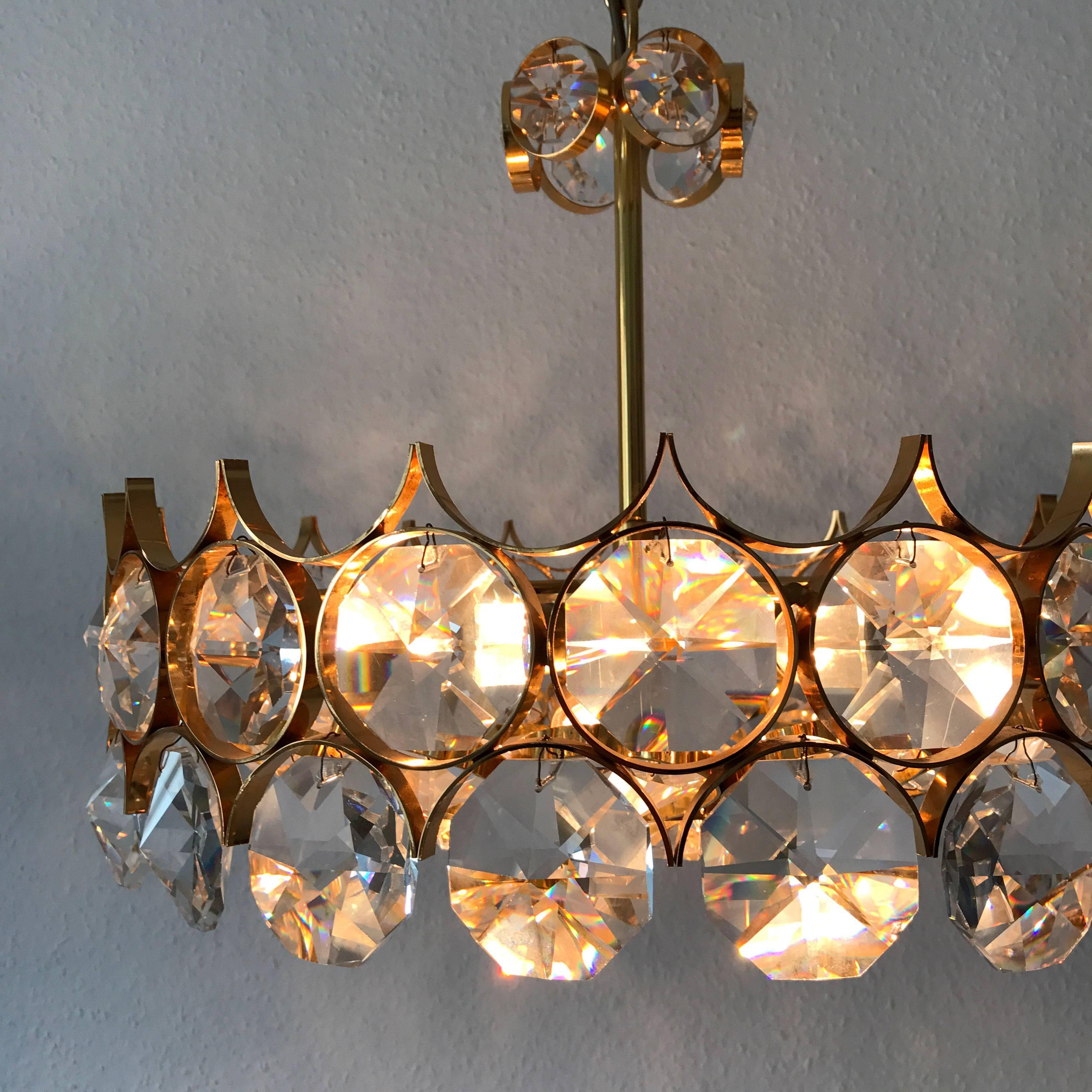 Gorgeous Gilt Brass Facet Cut Crystal Glass Chandelier by Palwa Germany 1960s For Sale 1