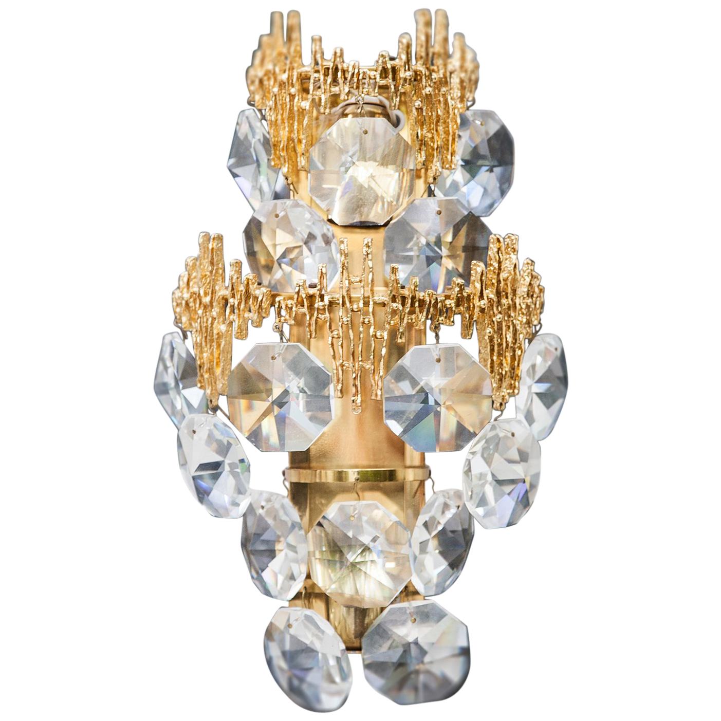 Palwa Gilt Metal Jewel Crystal Sconce For Sale