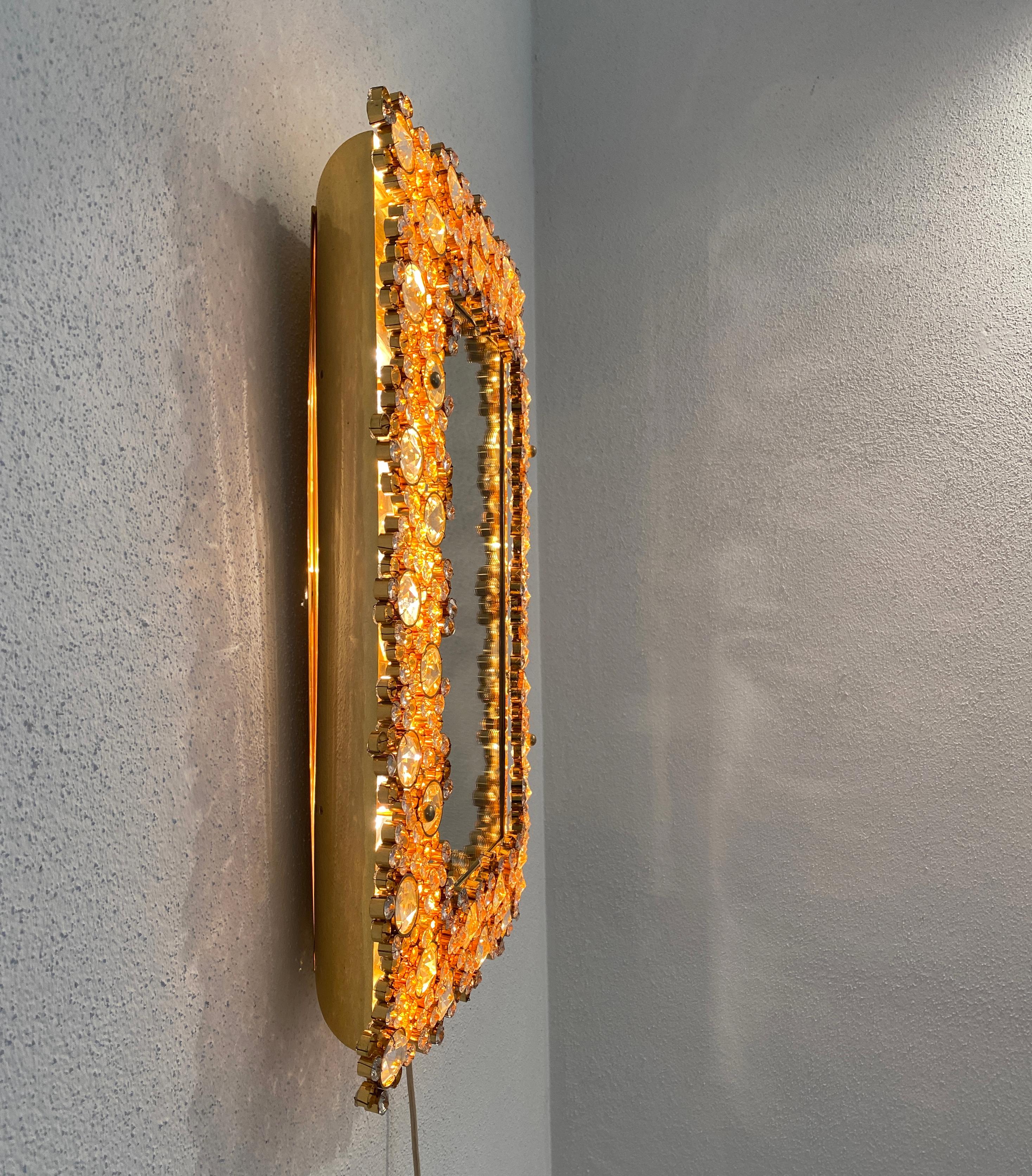 Palwa Gold Brass and Crystal Glass Backlit Wall Mirror, Germany, 1970 For Sale 1