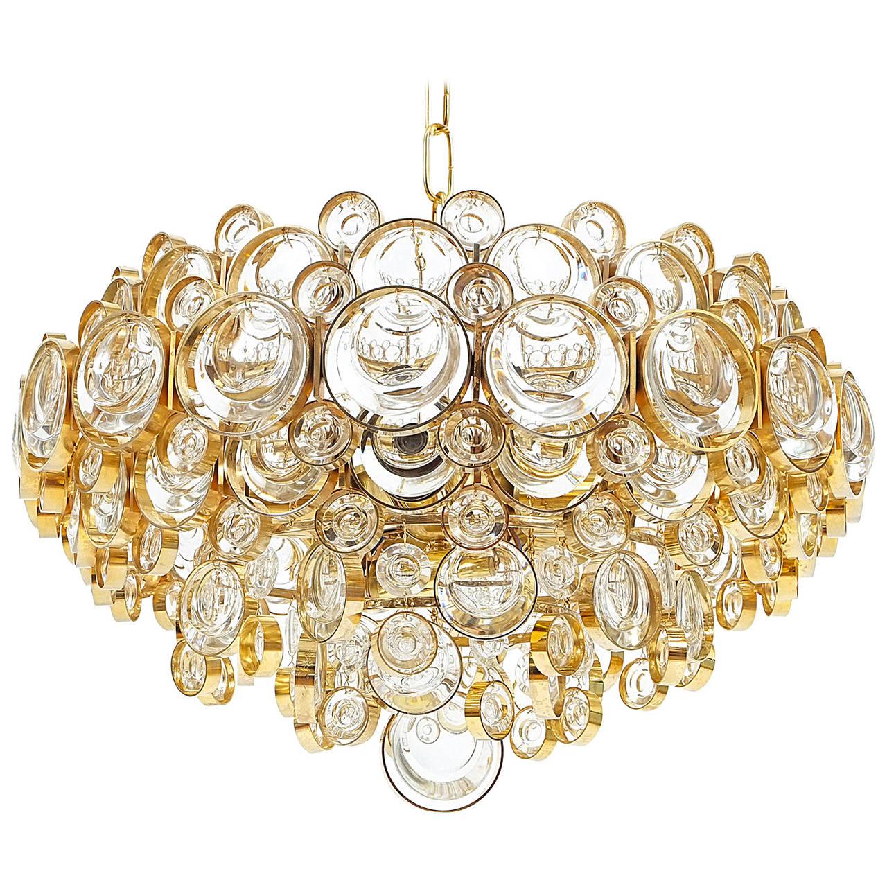 Palwa Gold Brass and Glass Large Chandelier Ceiling Lamp, 1960 5
