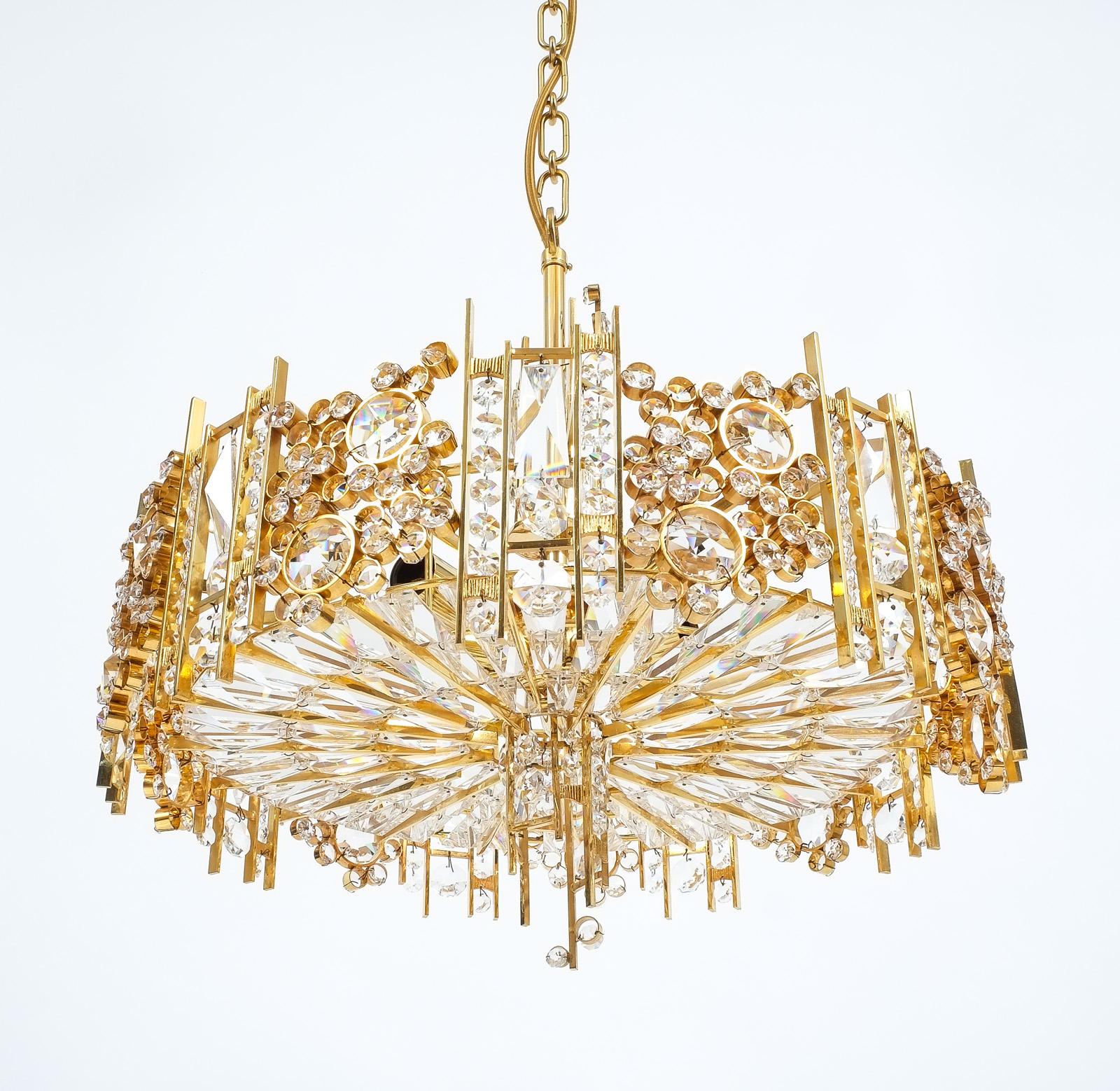Palwa Gold Brass and Glass Large Chandelier Ceiling Lamp, 1960 9