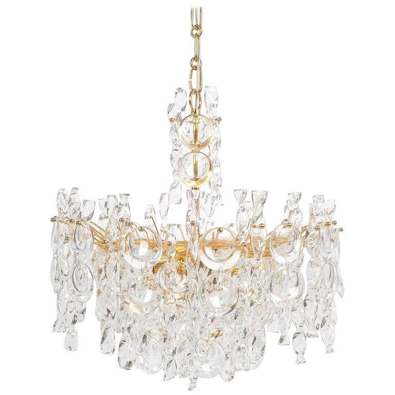 Palwa Gold Brass and Glass Large Chandelier Ceiling Lamp, 1960 10