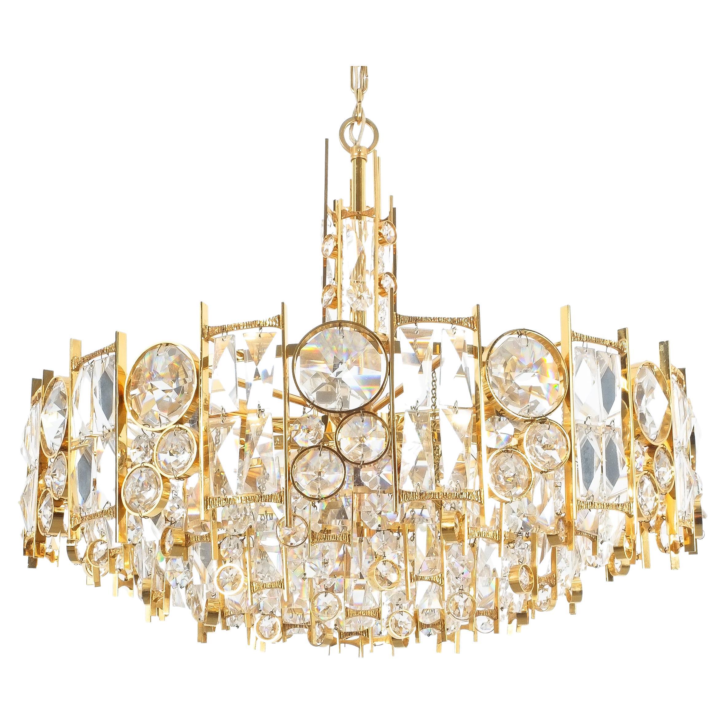 Palwa Gold Brass Crystal Glass Lamp Chandelier, Germany, 1960 For Sale 6