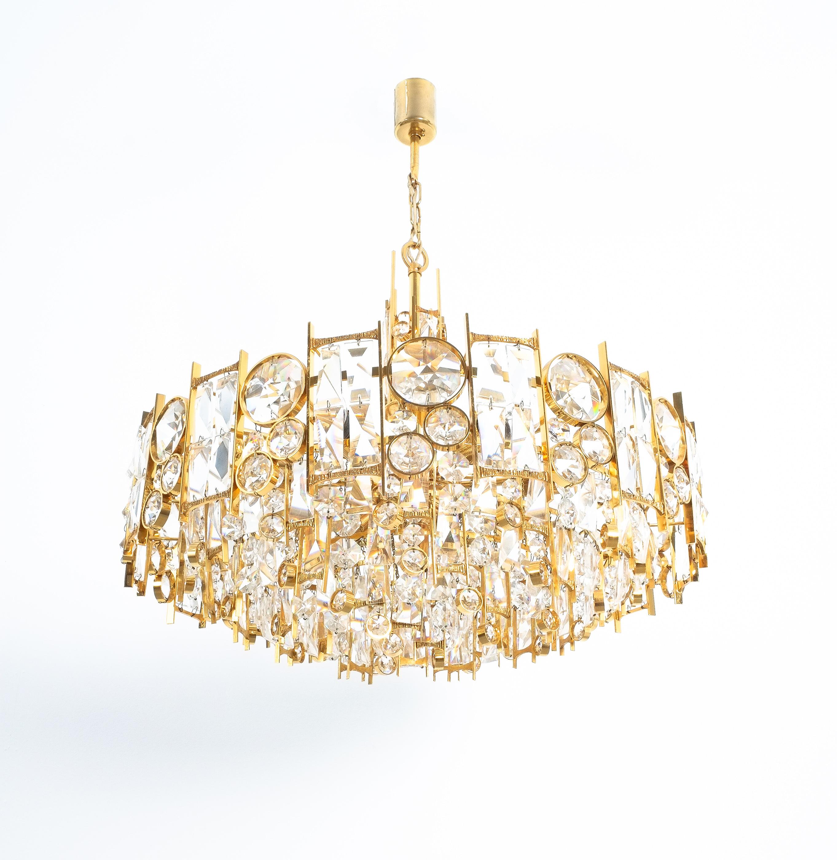 Mid-Century Modern Palwa Gold Brass Crystal Glass Lamp Chandelier, Germany, 1960 For Sale