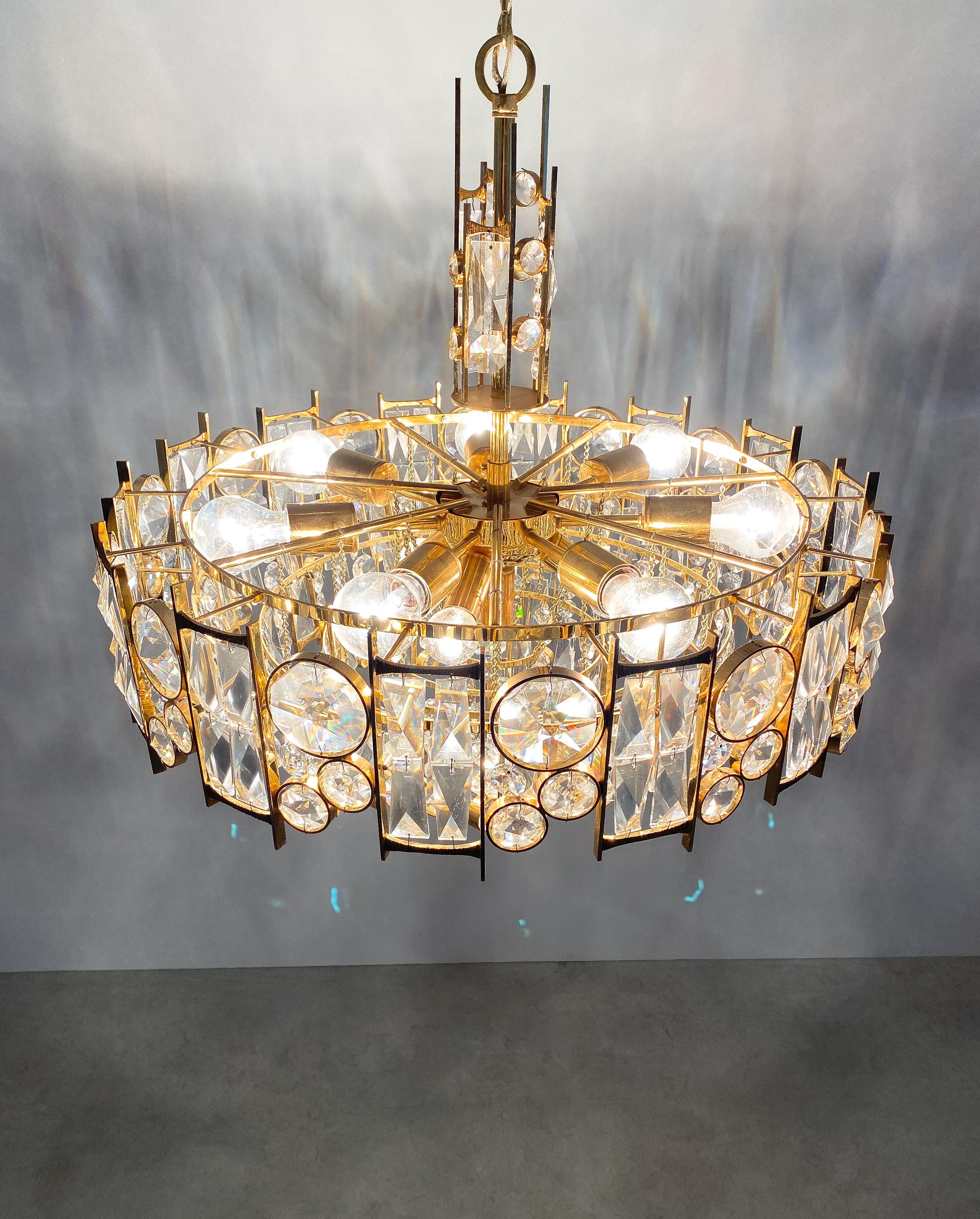 Gilt Palwa Gold Brass Crystal Glass Lamp Chandelier, Germany, 1960 For Sale