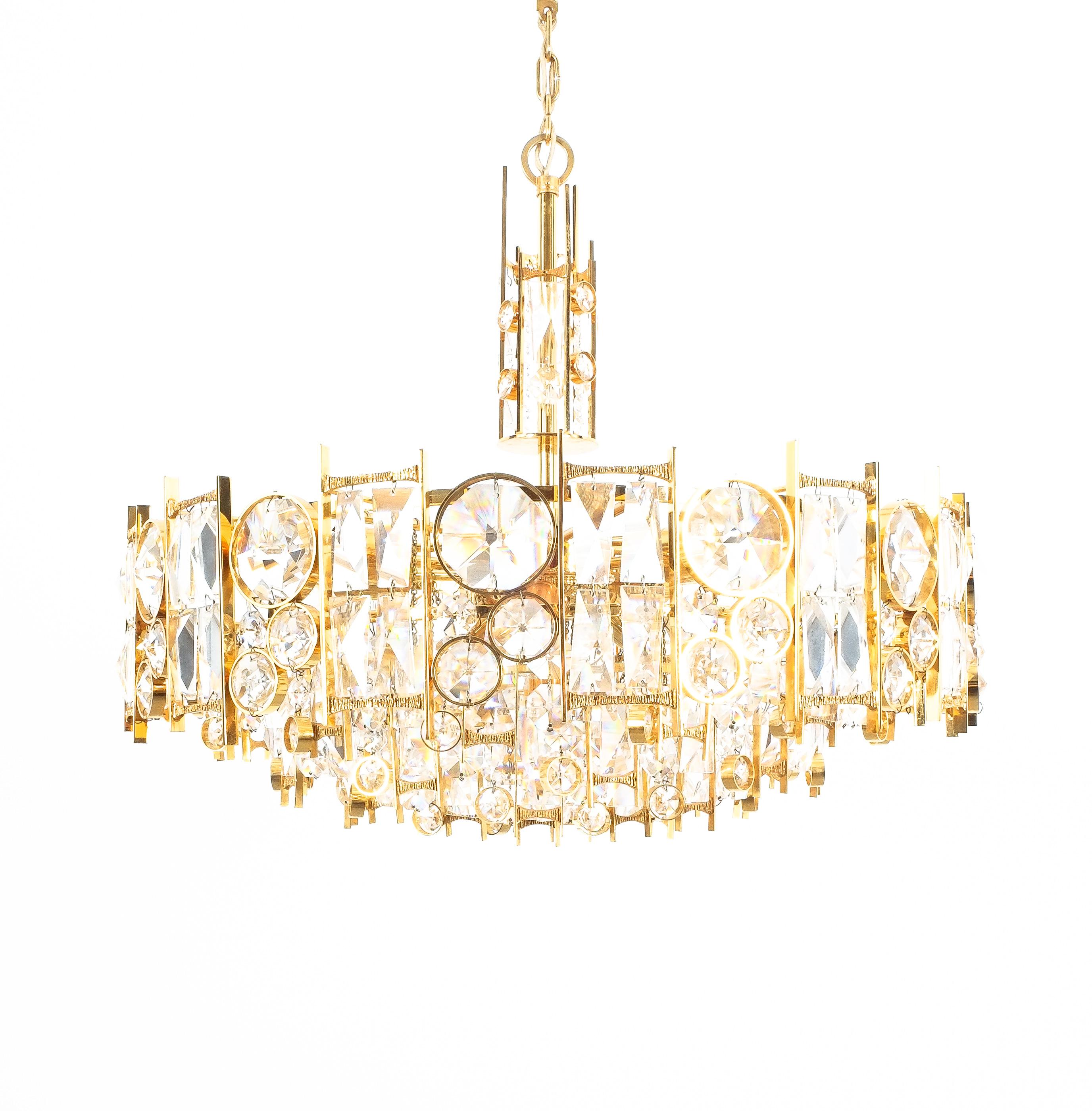 Mid-20th Century Palwa Gold Brass Crystal Glass Lamp Chandelier, Germany, 1960 For Sale