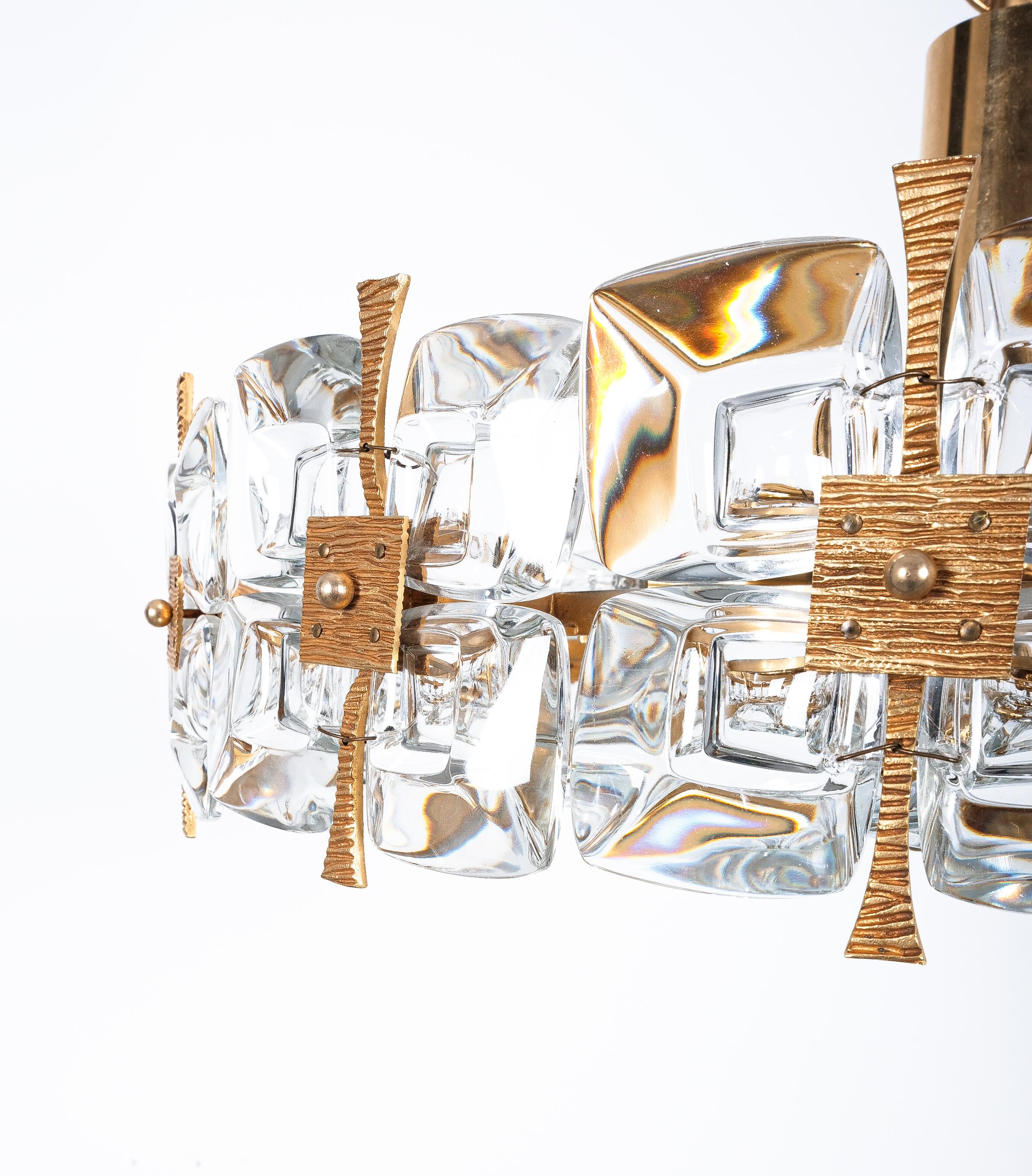 Mid-20th Century Palwa Gold Brass Crystal Glass Chandelier, Germany, 1960 For Sale