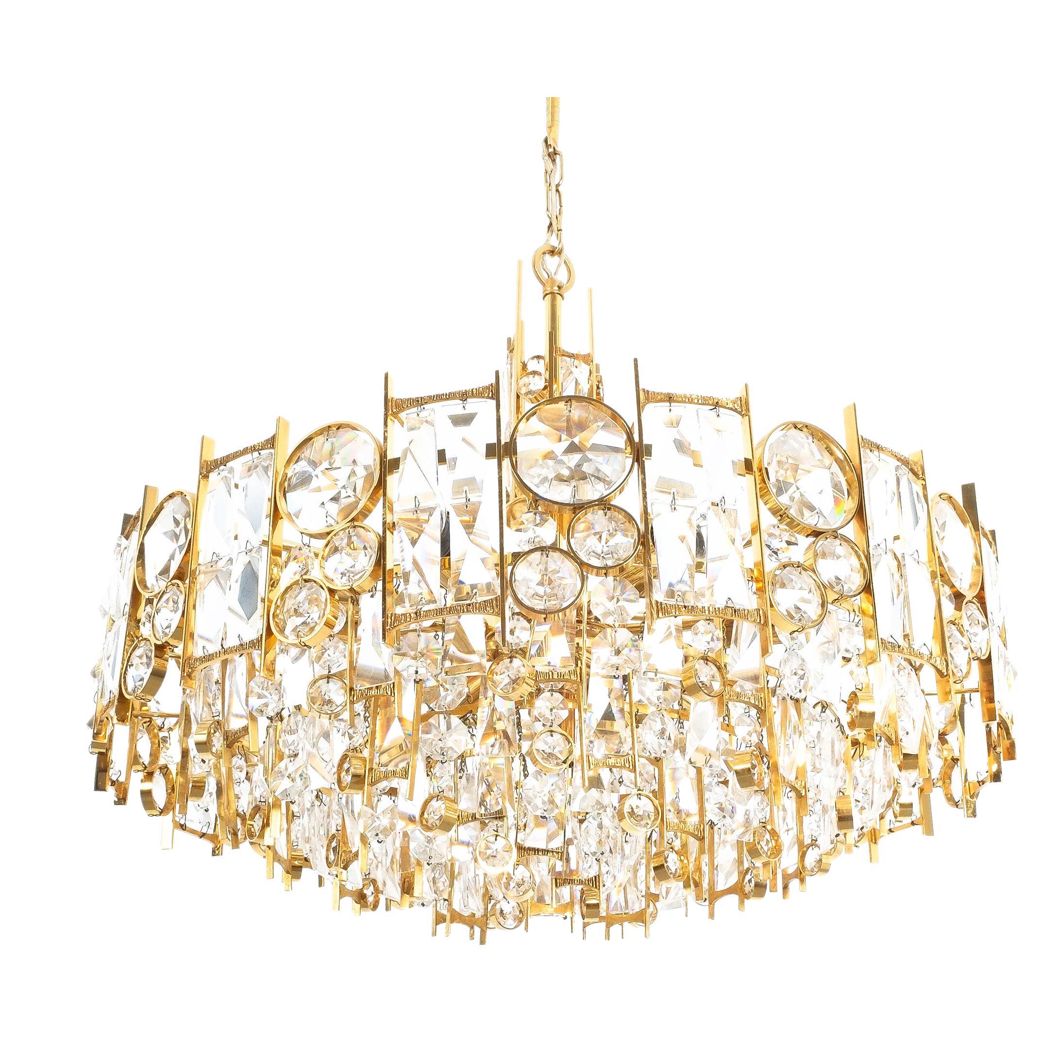 Palwa Gold Brass Crystal Glass Lamp Chandelier, Germany, 1960 For Sale