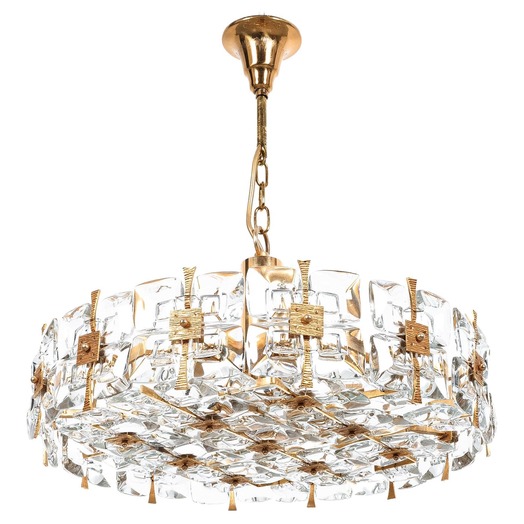 Palwa Gold Brass Crystal Glass Chandelier, Germany, 1960 For Sale