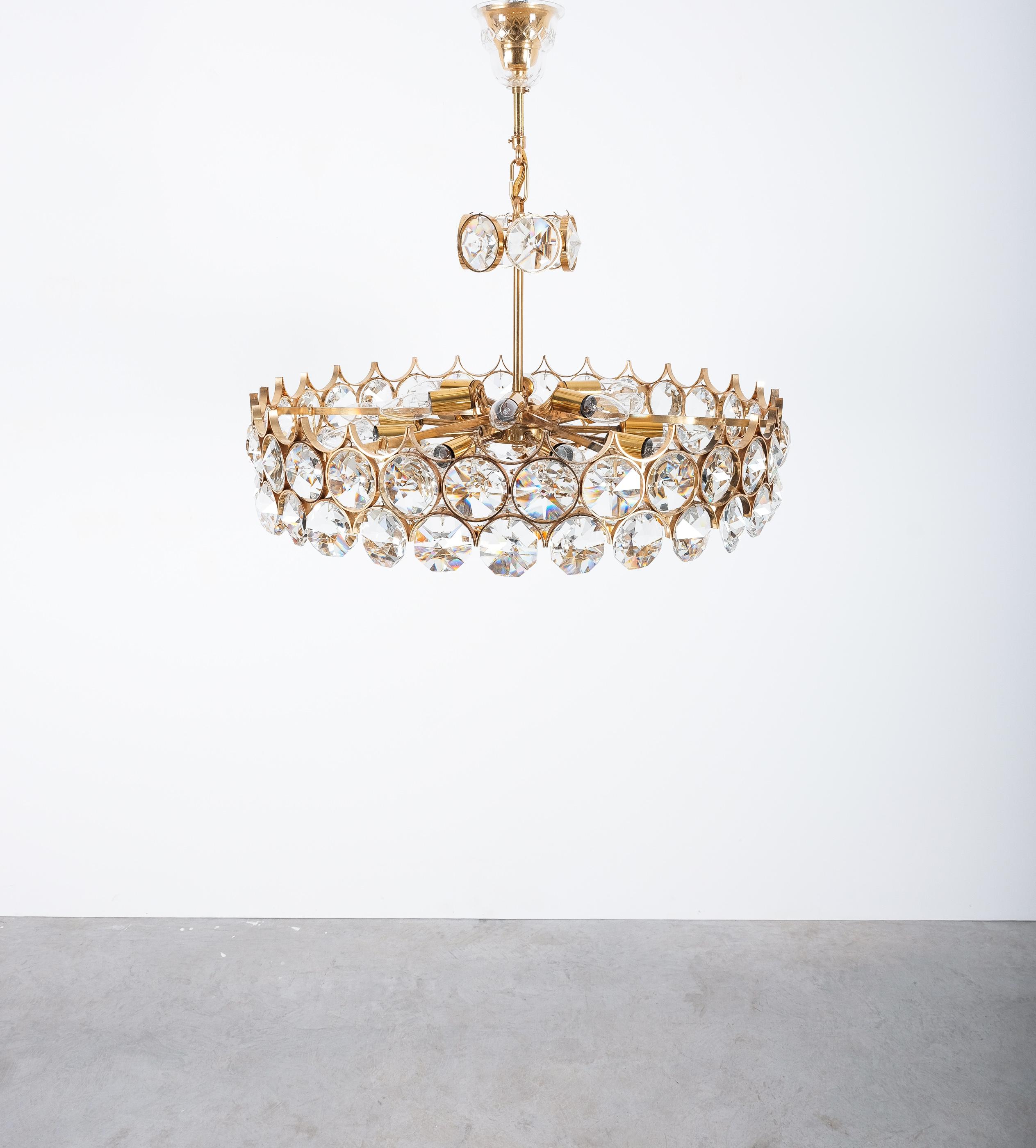 Palwa Gold Brass Crystal Glass Lamp Large Chandelier, Germany, 1960 6