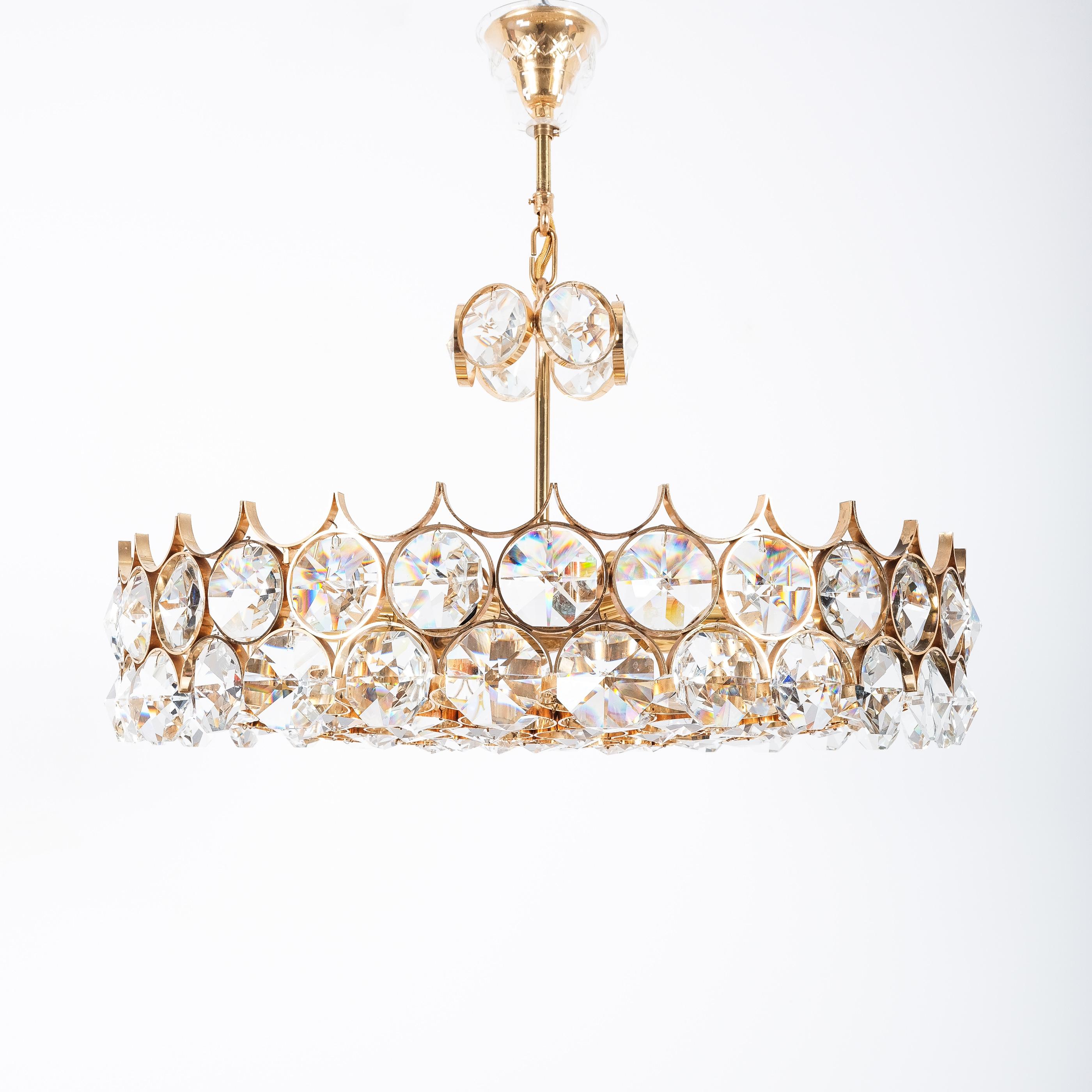 Palwa Gold Brass Crystal Glass Lamp Large Chandelier, Germany, 1960 7