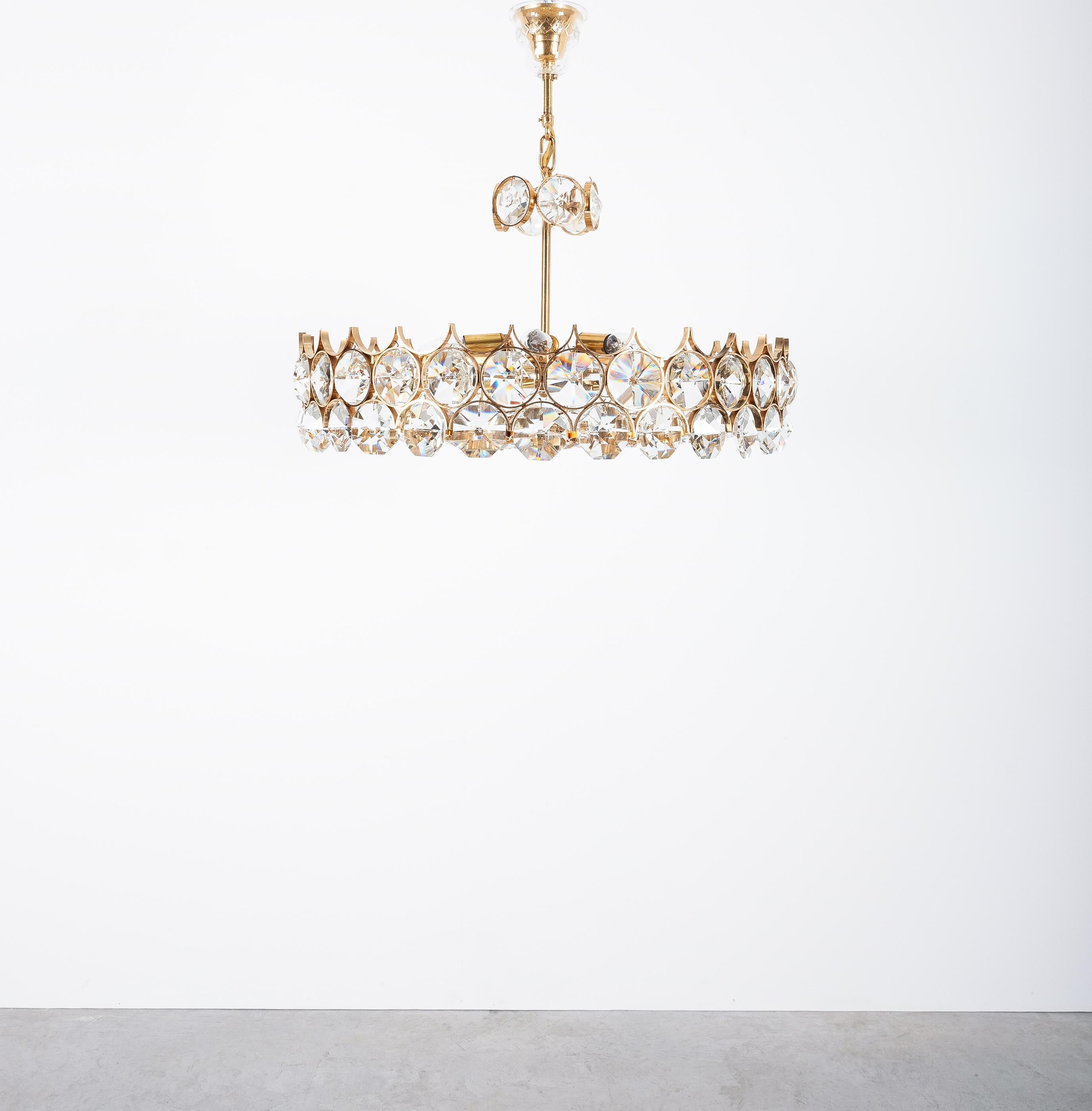 Mid-Century Modern Palwa Gold Brass Crystal Glass Lamp Large Chandelier, Germany, 1960