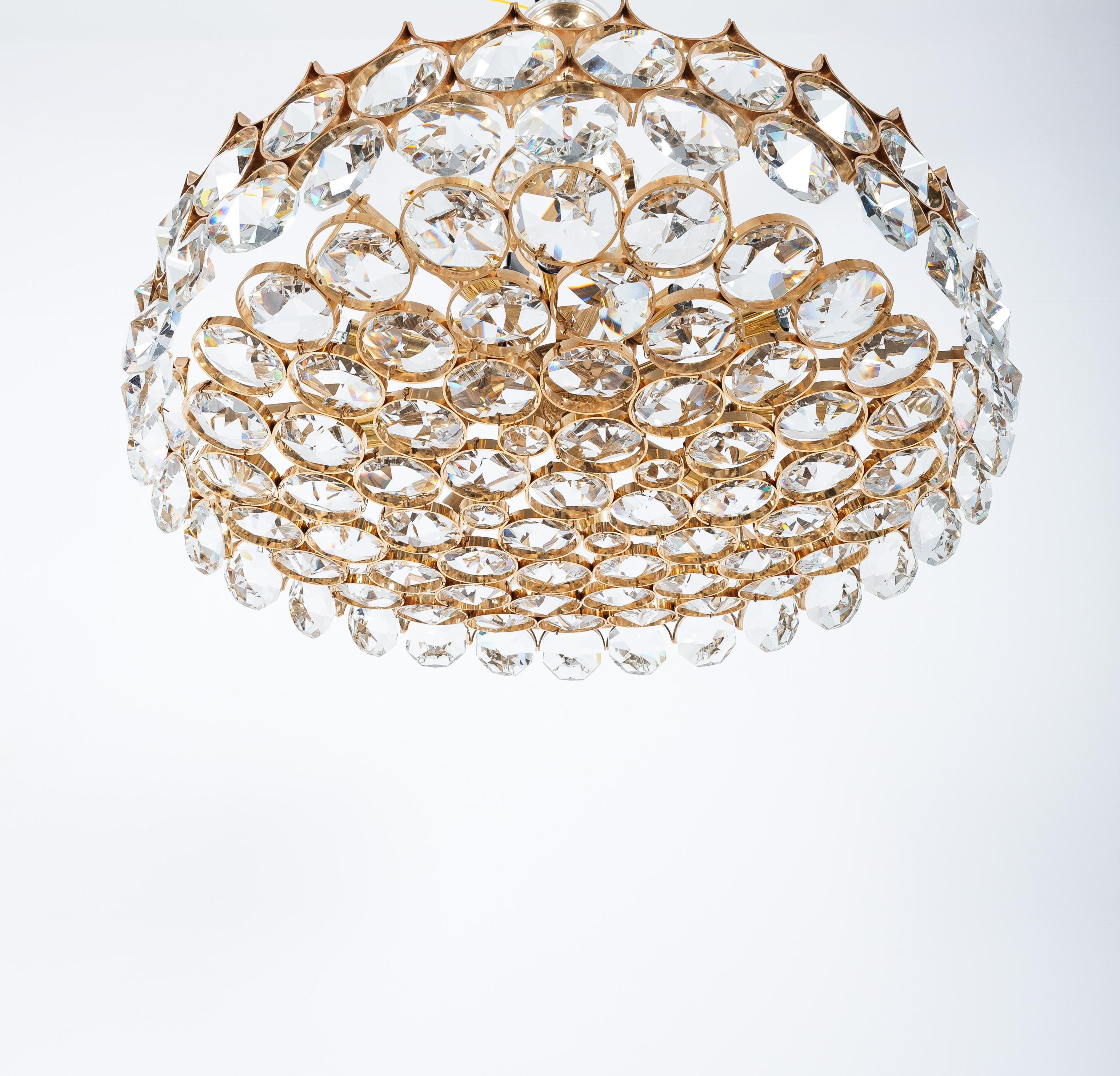 Mid-20th Century Palwa Gold Brass Crystal Glass Lamp Large Chandelier, Germany, 1960