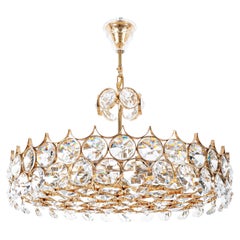 Palwa Gold Brass Crystal Glass Lamp Large Chandelier, Germany, 1960