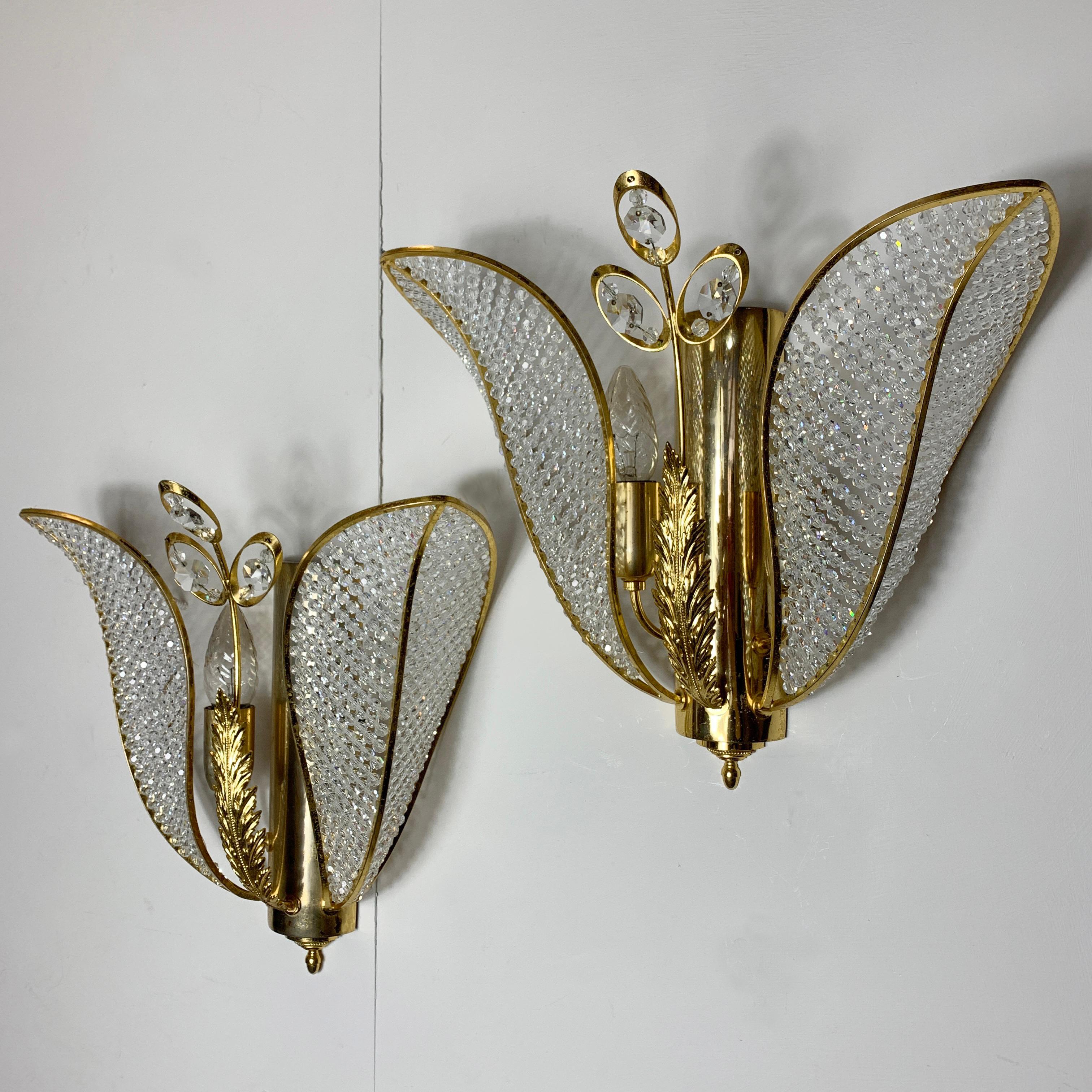 Mid-Century Modern Palwa Gold Crystal Tulip Wall Lights, circa 1970s For Sale
