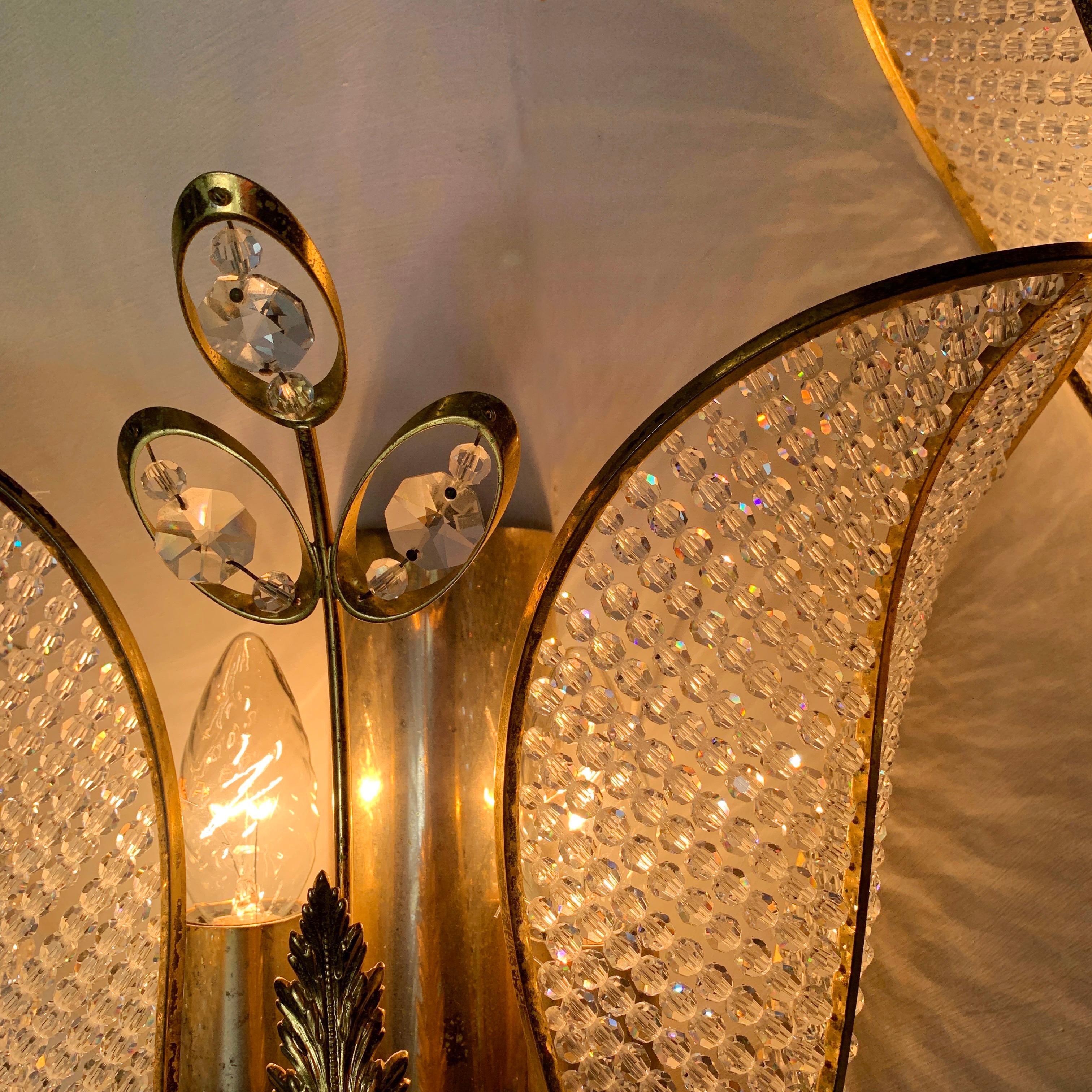 Brass Palwa Gold Crystal Tulip Wall Lights, circa 1970s For Sale