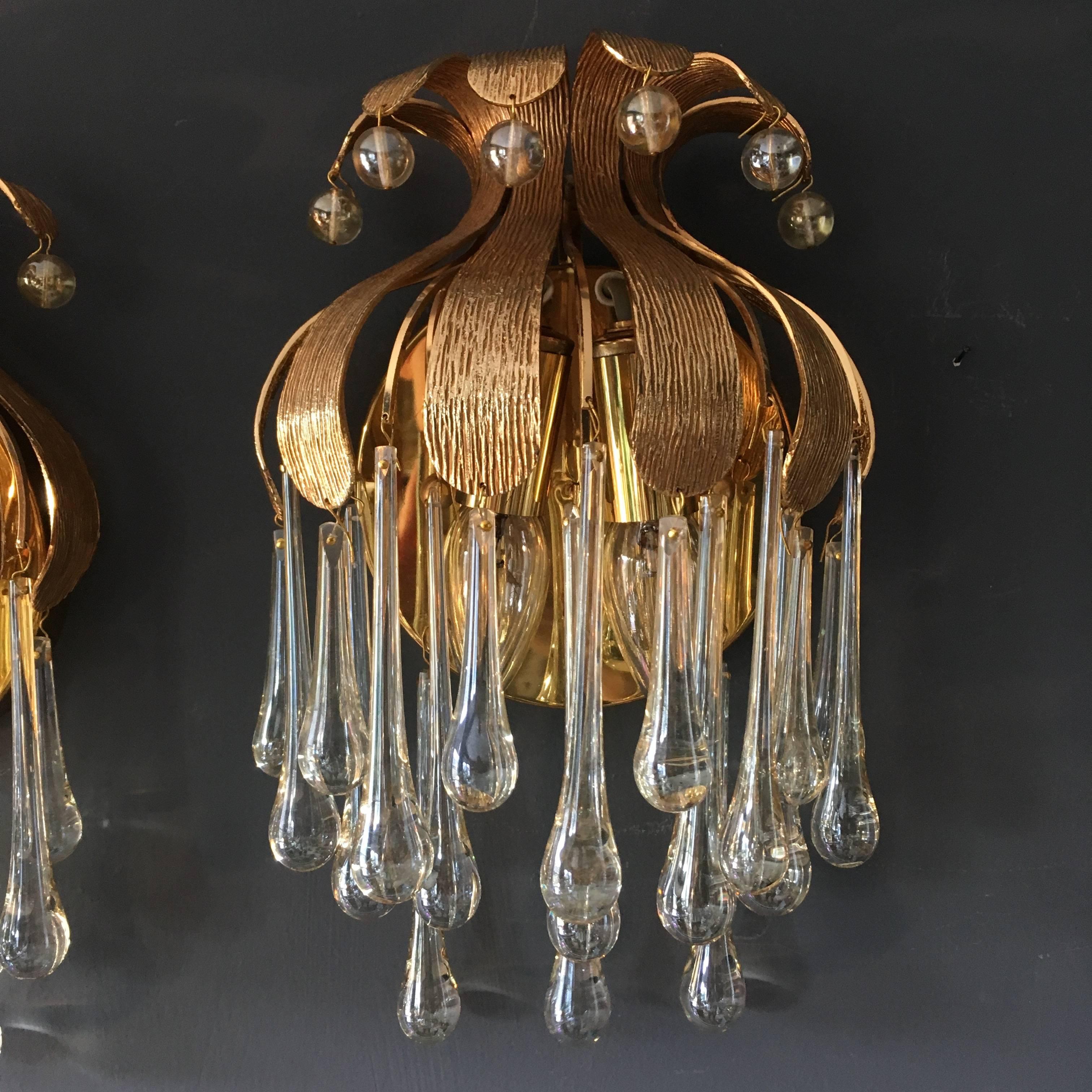 German Palwa Gold-Plated Murano Glass Teardrop Wall Sconces