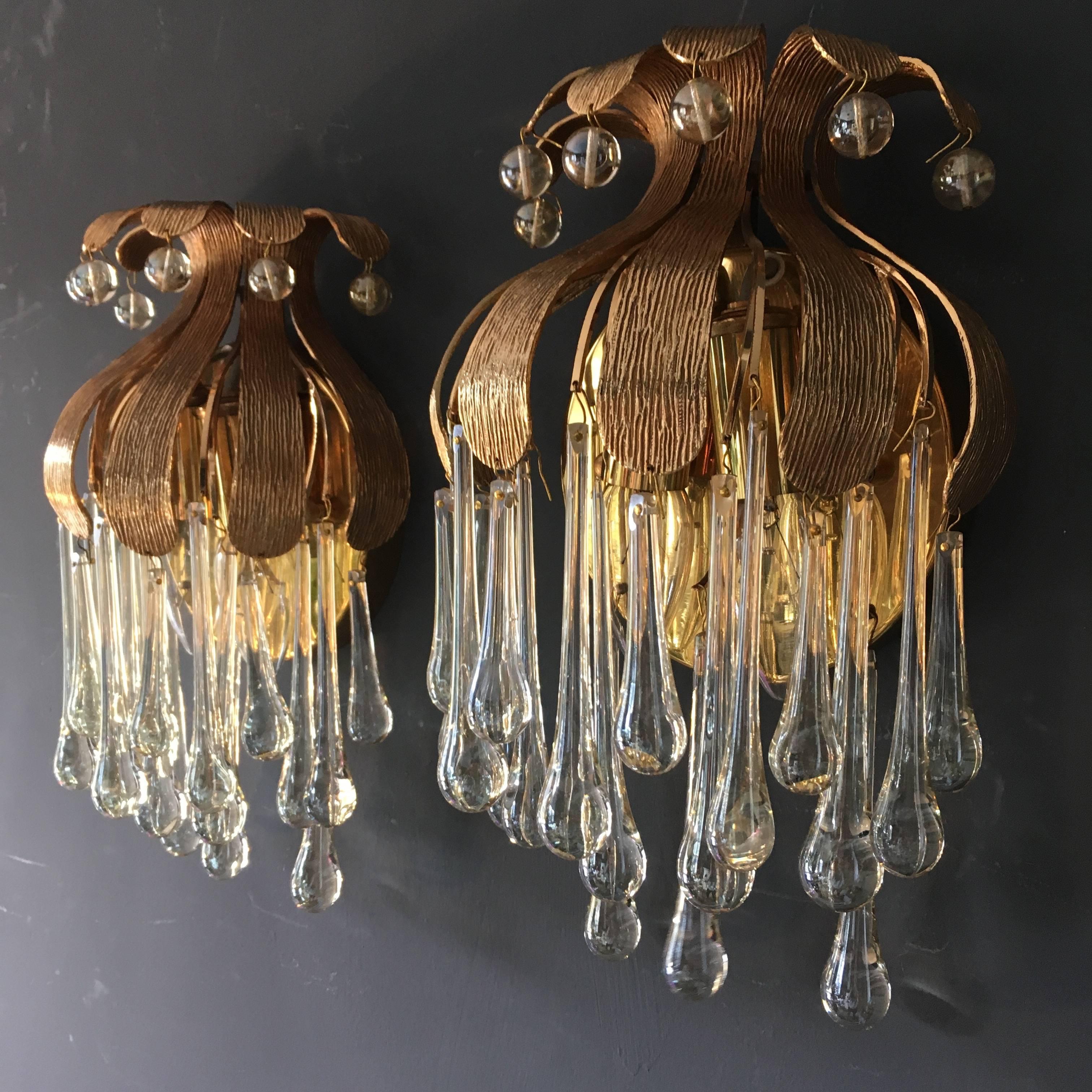 Palwa Gold-Plated Murano Glass Teardrop Wall Sconces In Good Condition In Hastings, GB