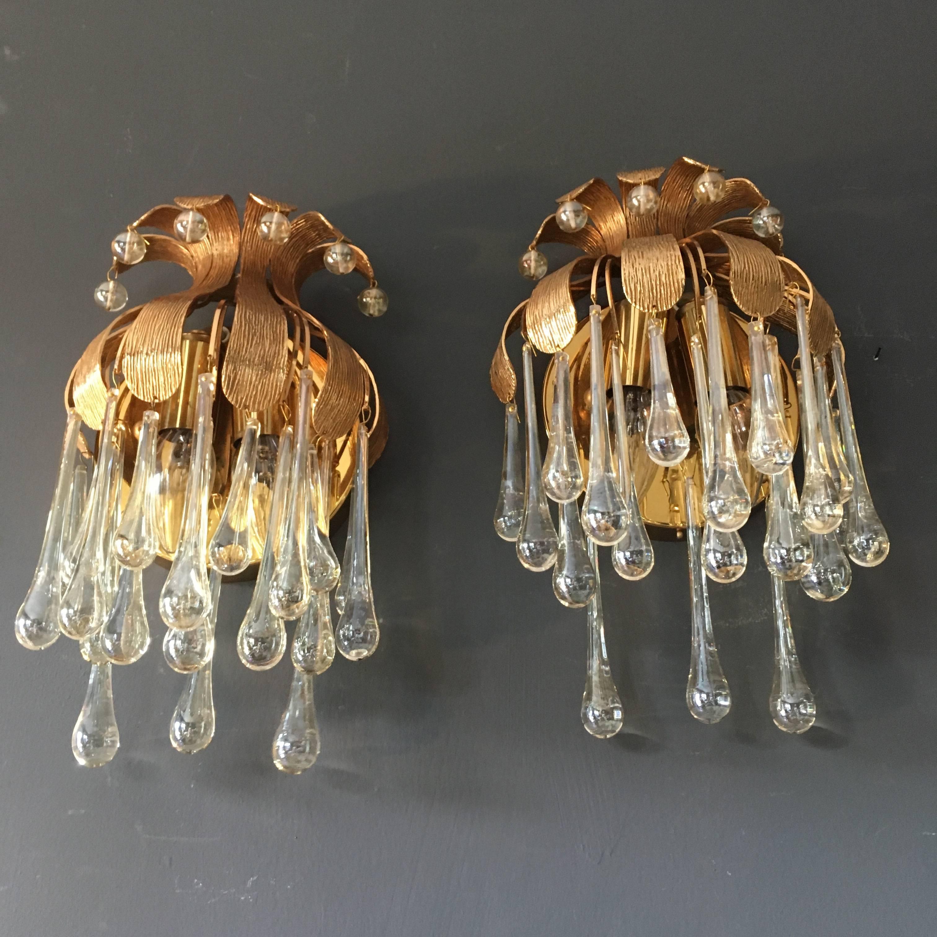 20th Century Palwa Gold-Plated Murano Glass Teardrop Wall Sconces