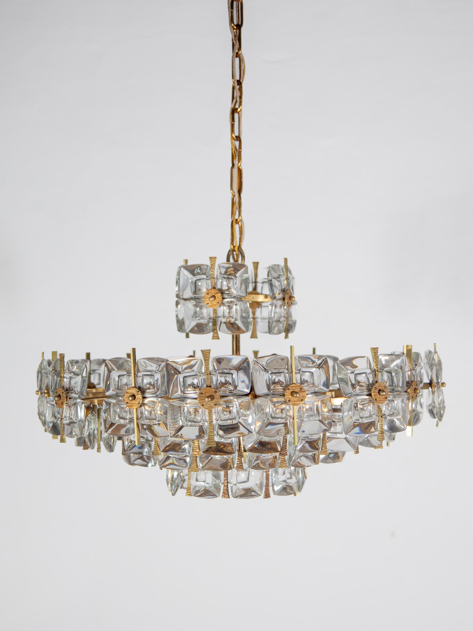 Etched Palwa Large Chandelier, 1970s Chrystal Facetted and Brass, Germany For Sale