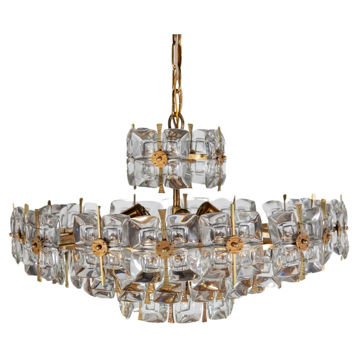 Palwa Large Chandelier, 1970s Chrystal Facetted and Brass, Germany