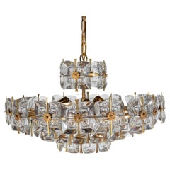 Retro Palwa Large Chandelier, 1970s Chrystal Facetted and Brass, Germany