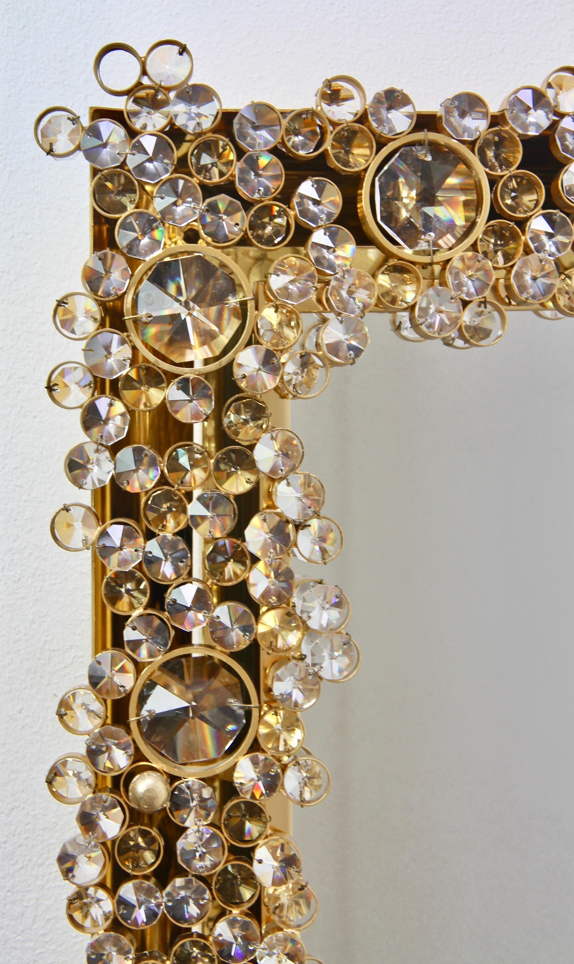 Palwa Large Midcentury Gilt Brass & Cut Faceted Crystal Backlit Wall Hung Mirror For Sale 1