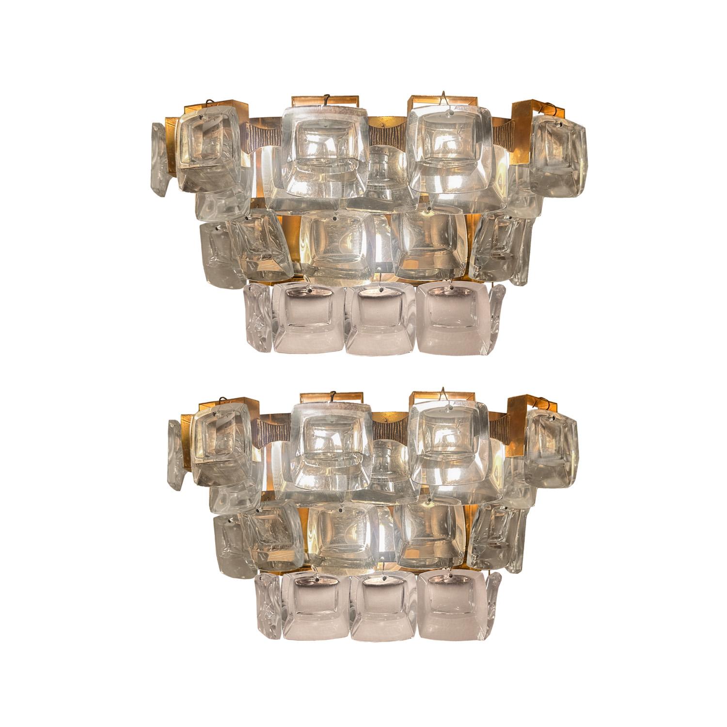 Austrian Palwa Mid-Century Modern Crystal And Etched Brass Sconces, 1960s For Sale