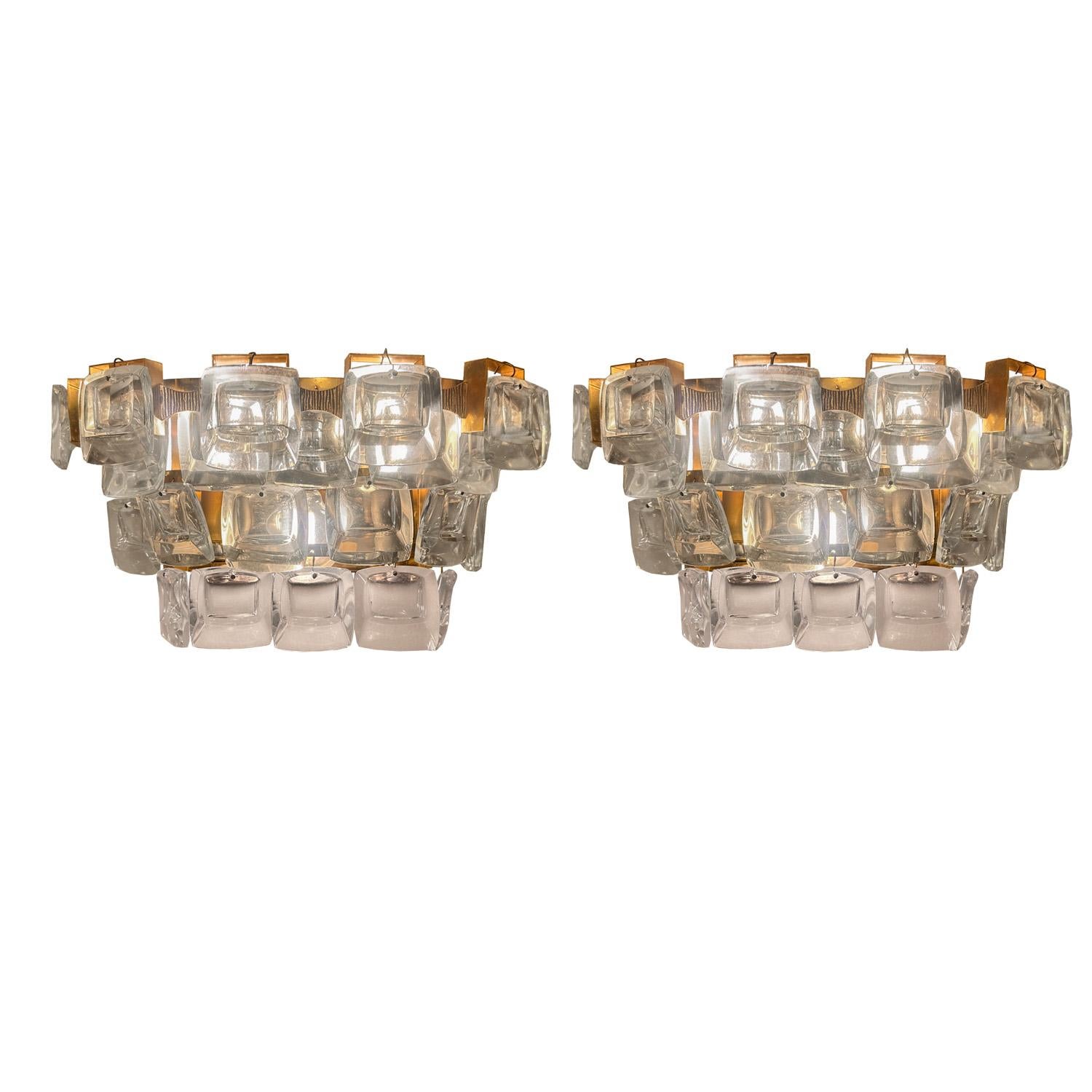 Hand-Crafted Palwa Mid-Century Modern Crystal And Etched Brass Sconces, 1960s For Sale