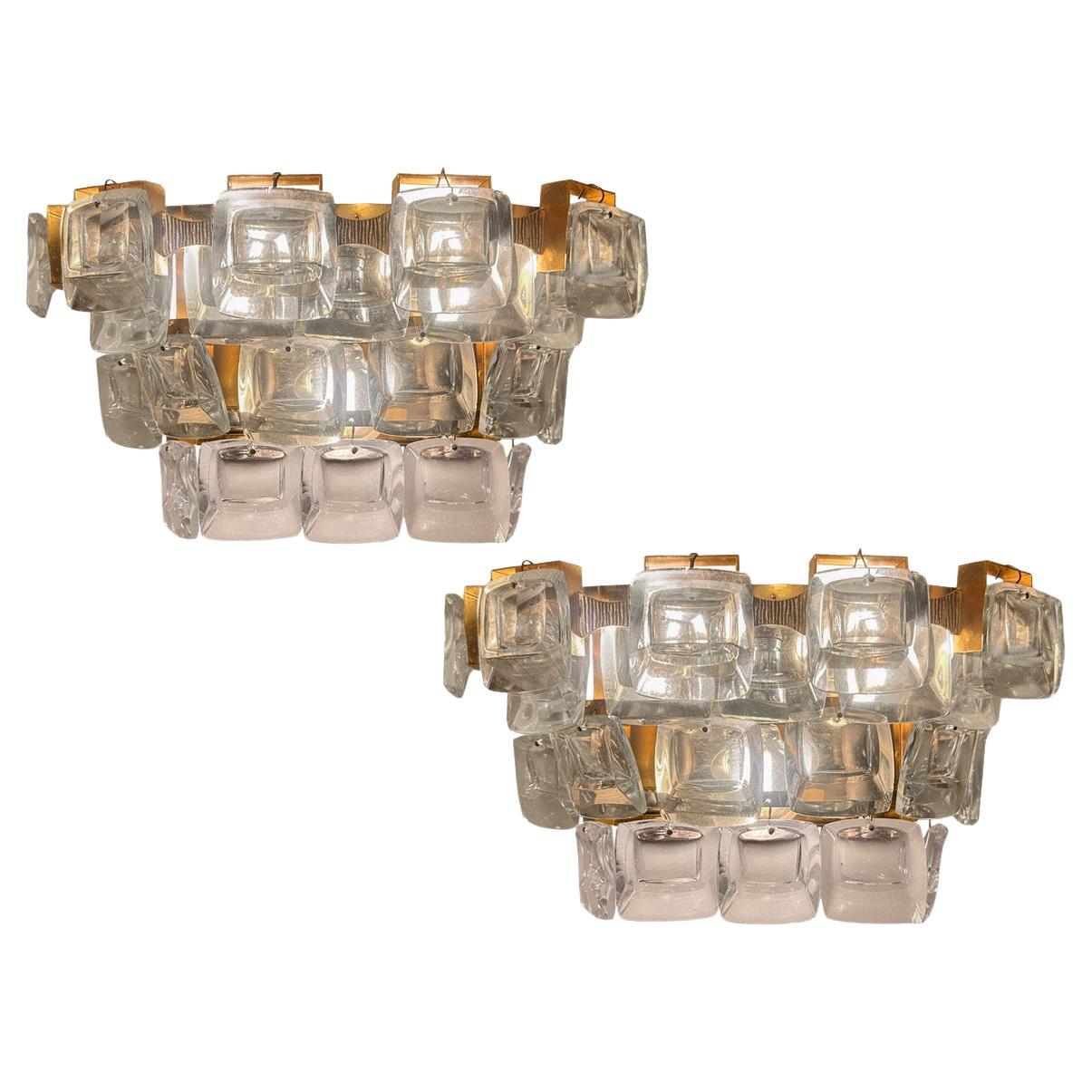 Palwa Mid-Century Modern Crystal And Etched Brass Sconces, 1960s For Sale