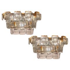 Palwa Mid-Century Modern Crystal And Etched Brass Sconces, 1960s
