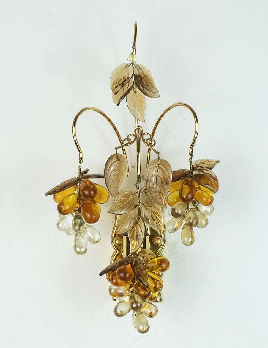 palwa mid century SCONCE 1970s crystal glass and gilt brass grapes and leaves For Sale 3