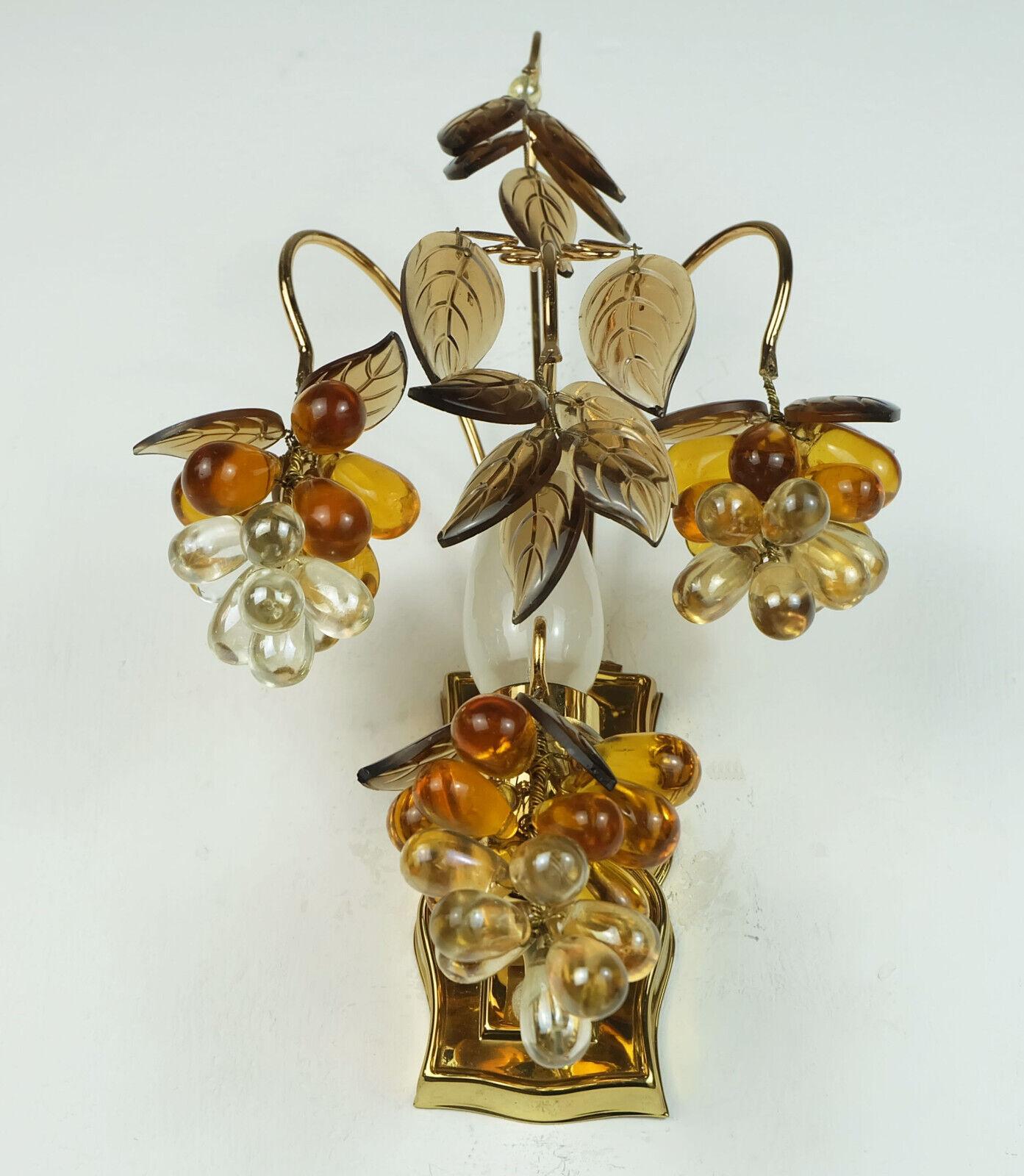 Allemand Palwa mid century SCONCE 1970 verre en cristal et laiton doré raisins et feuilles en vente