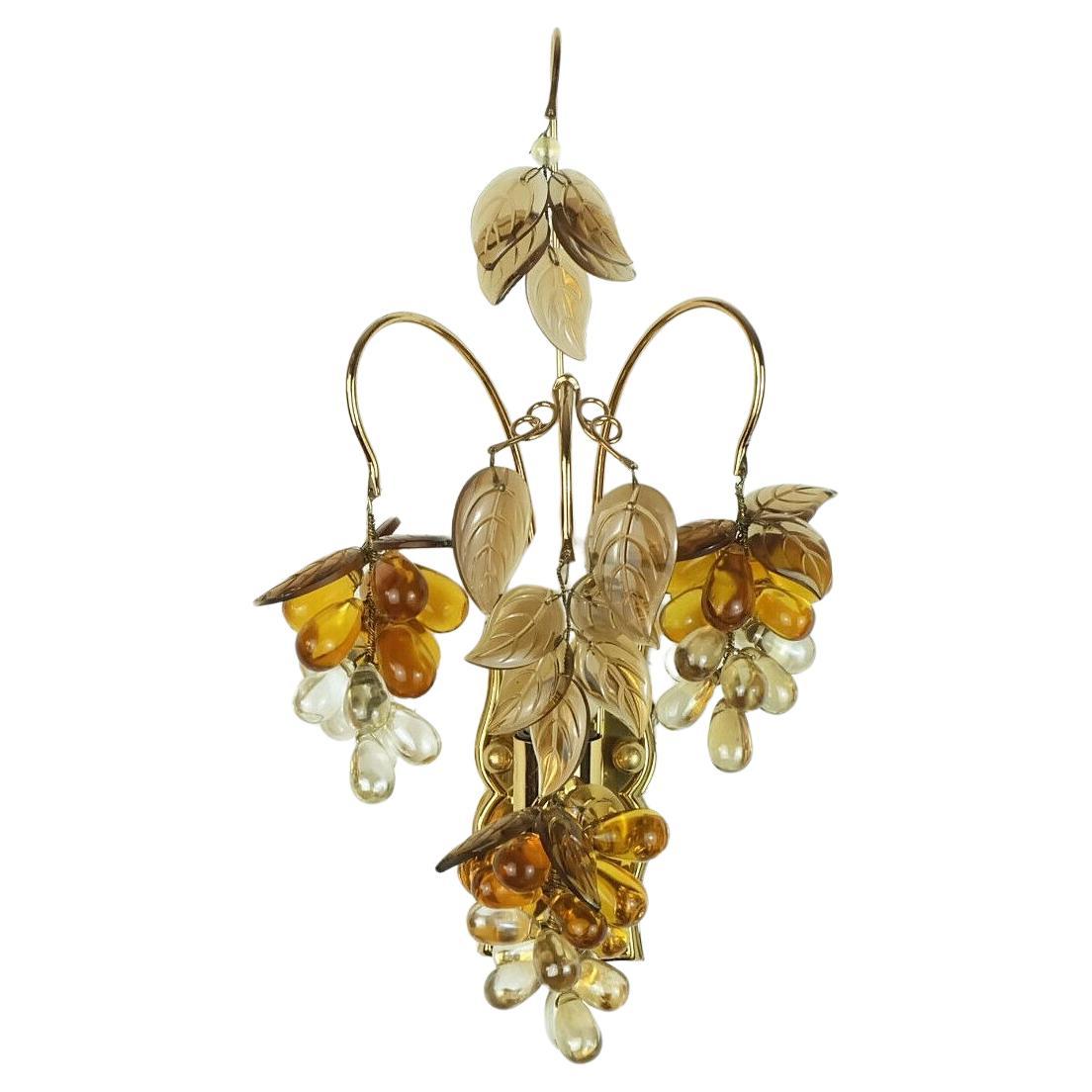 palwa mid century SCONCE 1970s crystal glass and gilt brass grapes and leaves For Sale