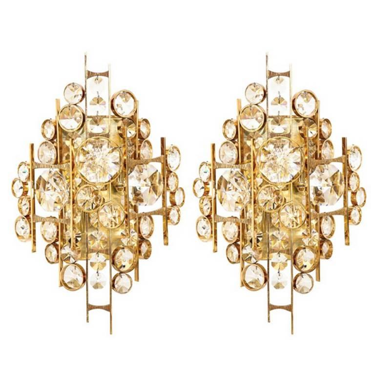 Palwa mid-century sconce Crystal Jewel gilt frame pair austria , 1960 For Sale