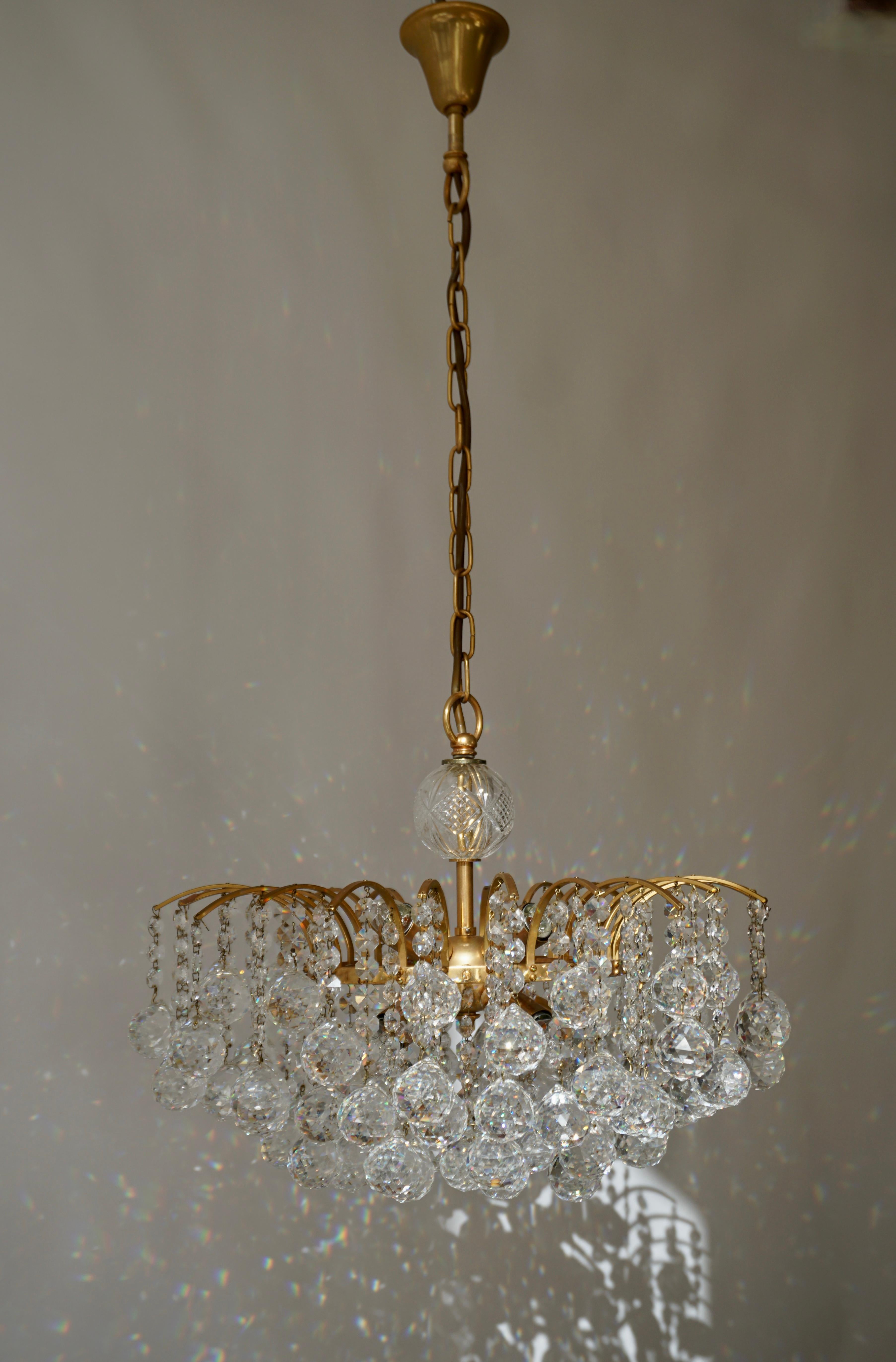 Mid-Century Modern Palwa or Palme Gilt Brass Faceted Crystal Glass Chandelier, 1960-1970s For Sale