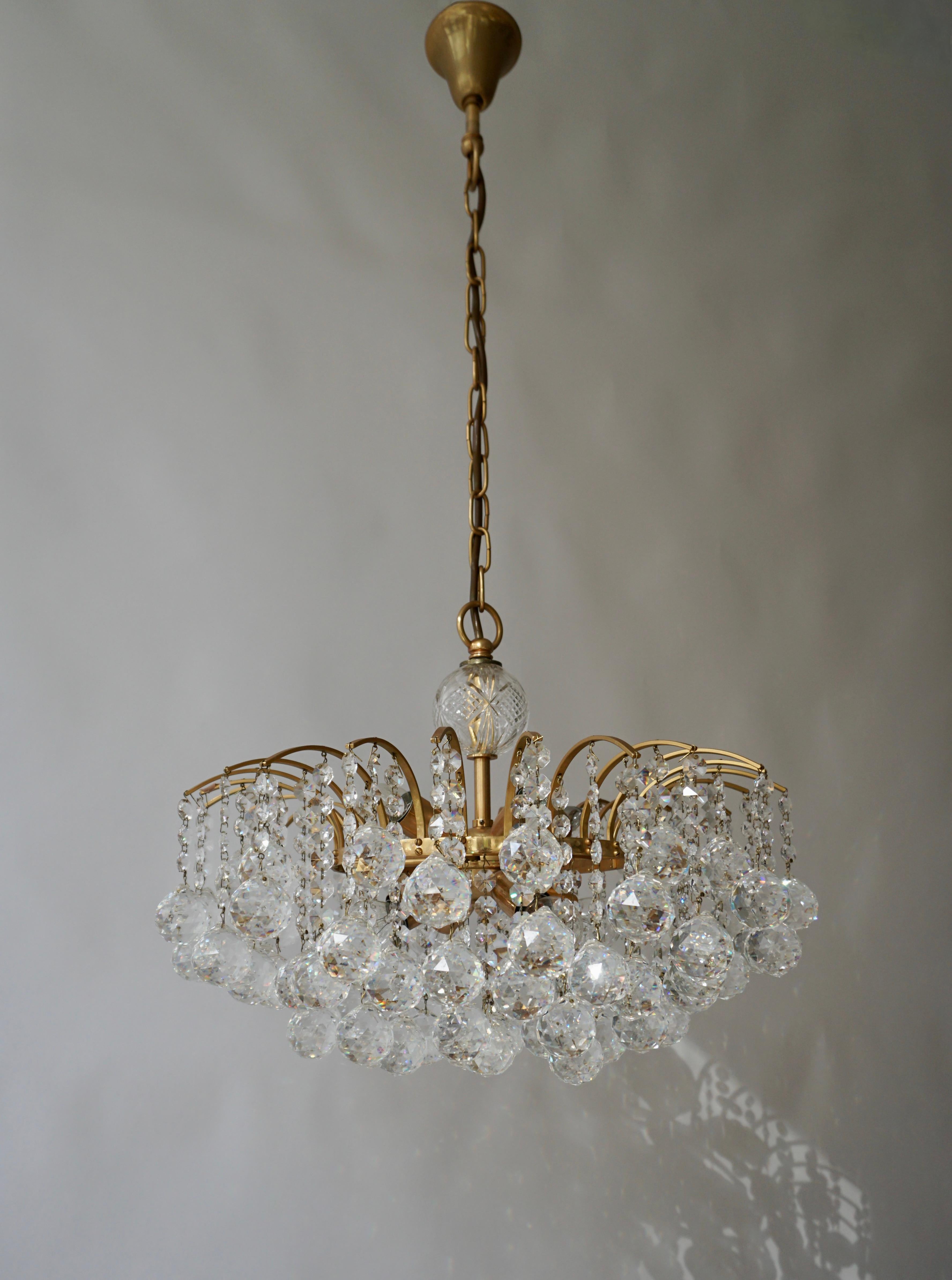 Copper Palwa or Palme Gilt Brass Faceted Crystal Glass Chandelier, 1960-1970s For Sale