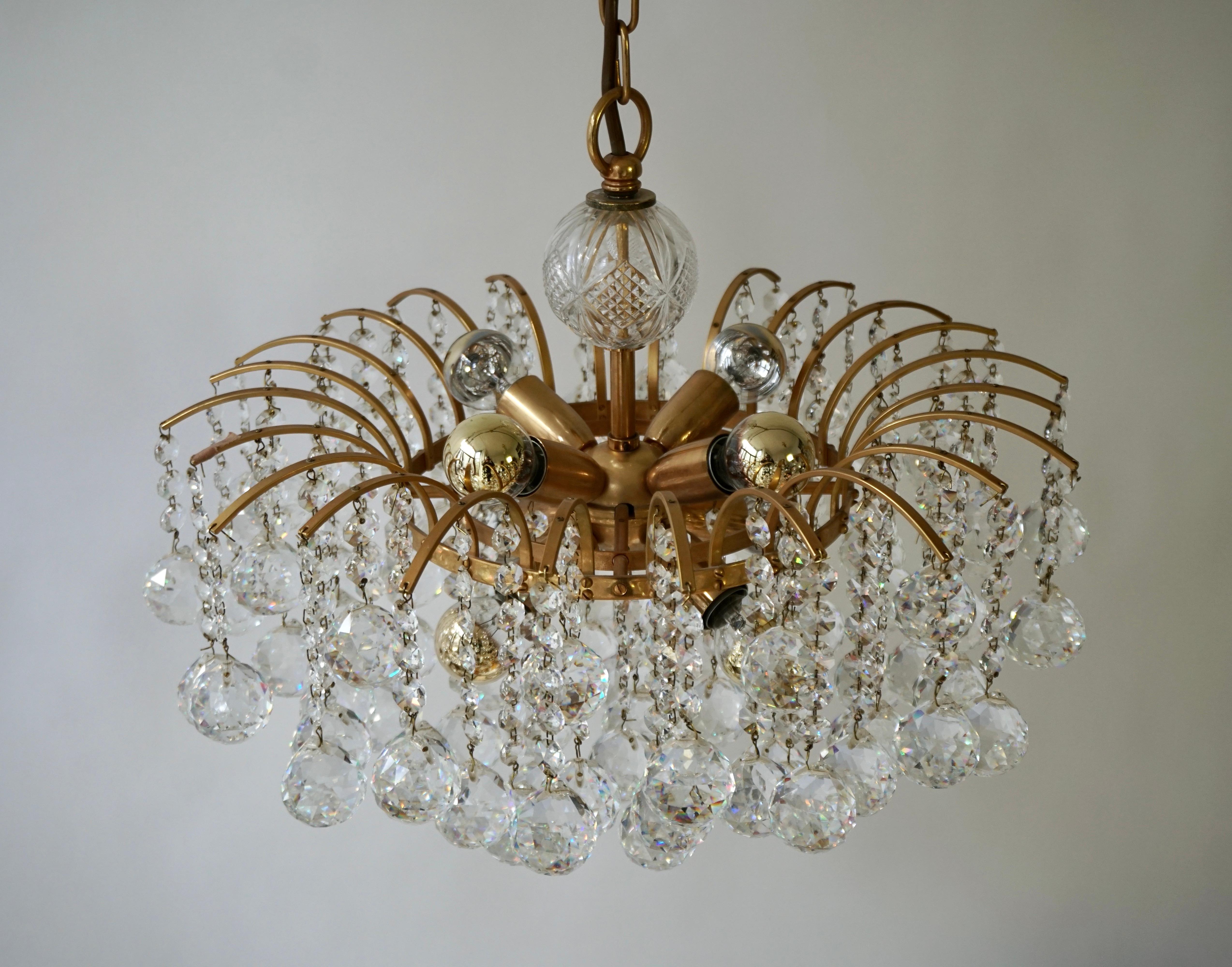 Palwa or Palme Gilt Brass Faceted Crystal Glass Chandelier, 1960-1970s For Sale 1