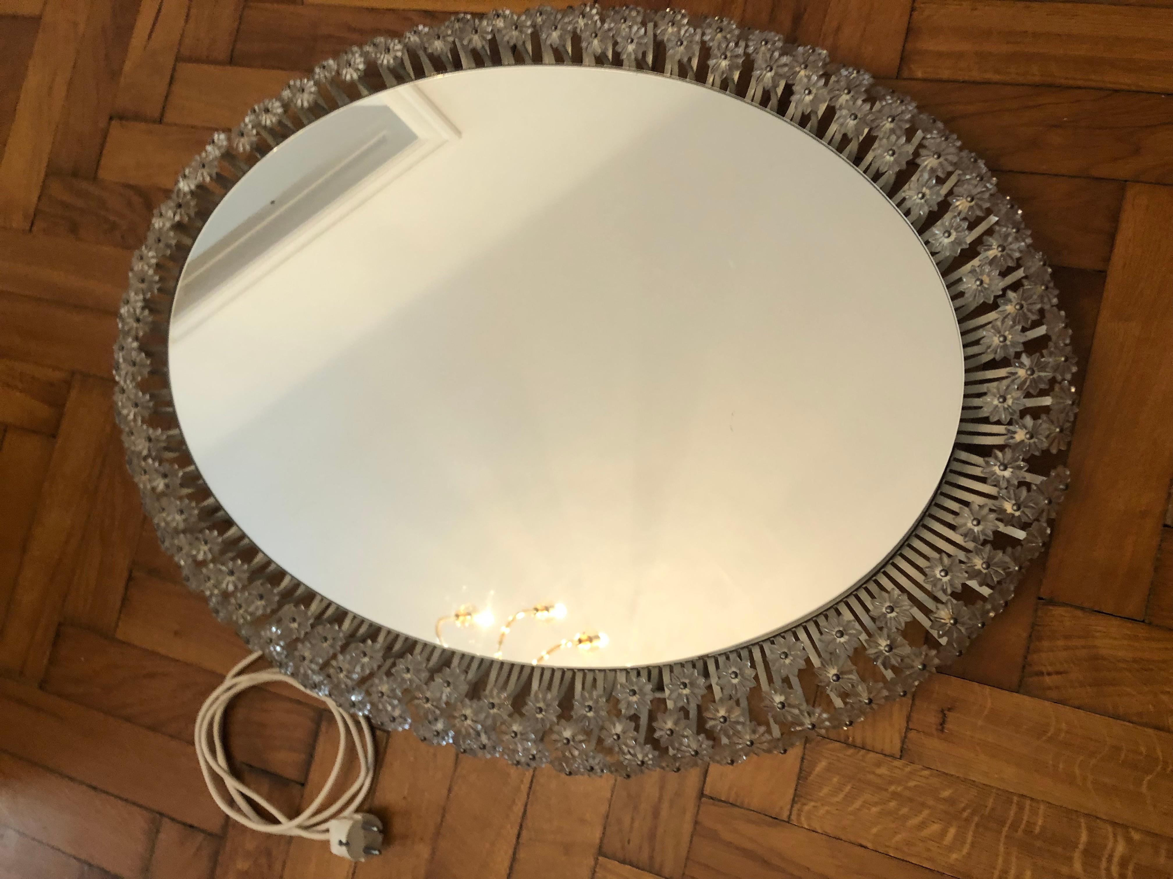Mid-20th Century Palwa, Oval Backlit Wall Mirror, white painted metal and Crystal Flowers For Sale