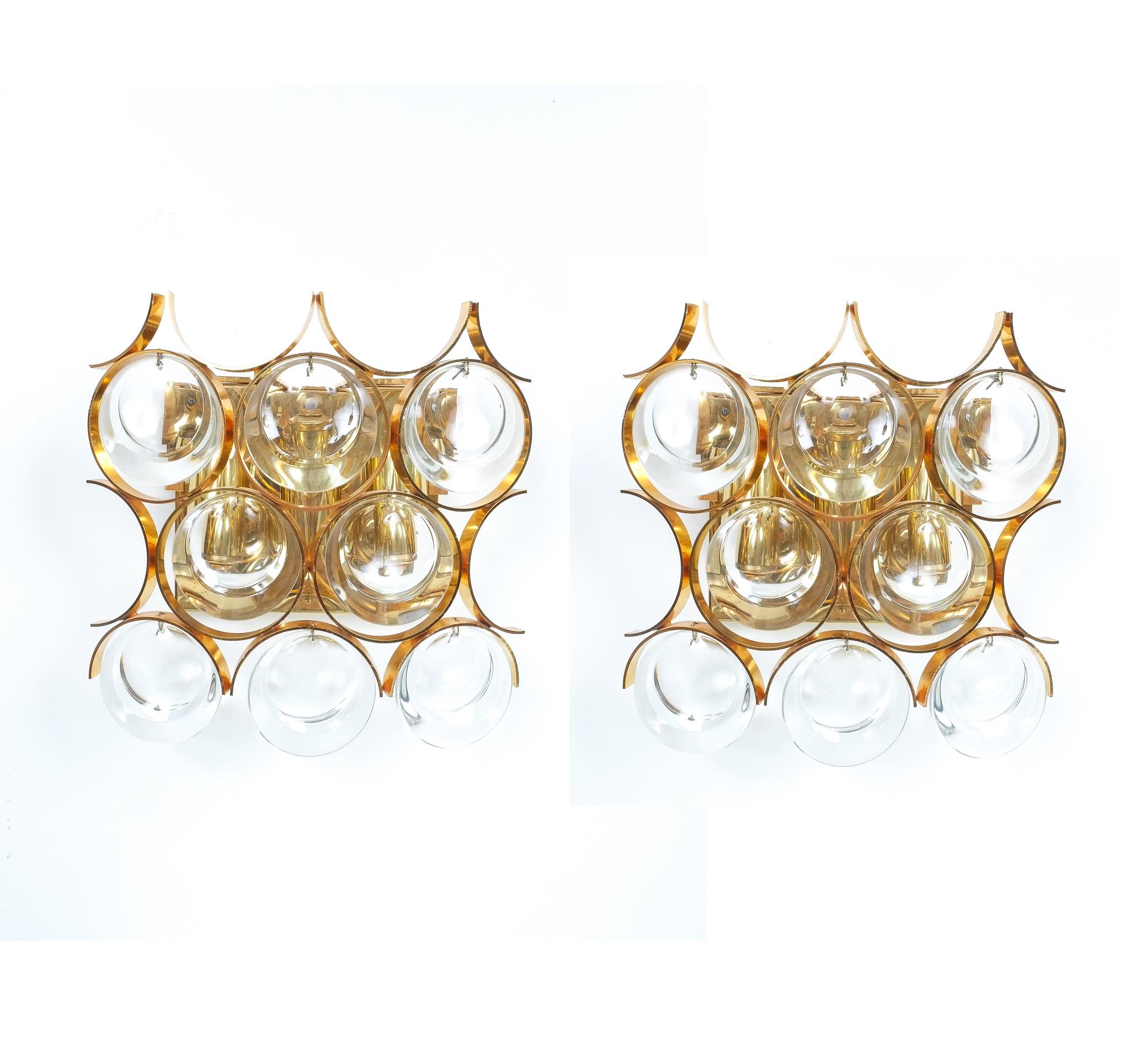 Palwa Pair Delicate Gold Plated Brass and Glass Sconces Wall Lamps, 1960 For Sale 2