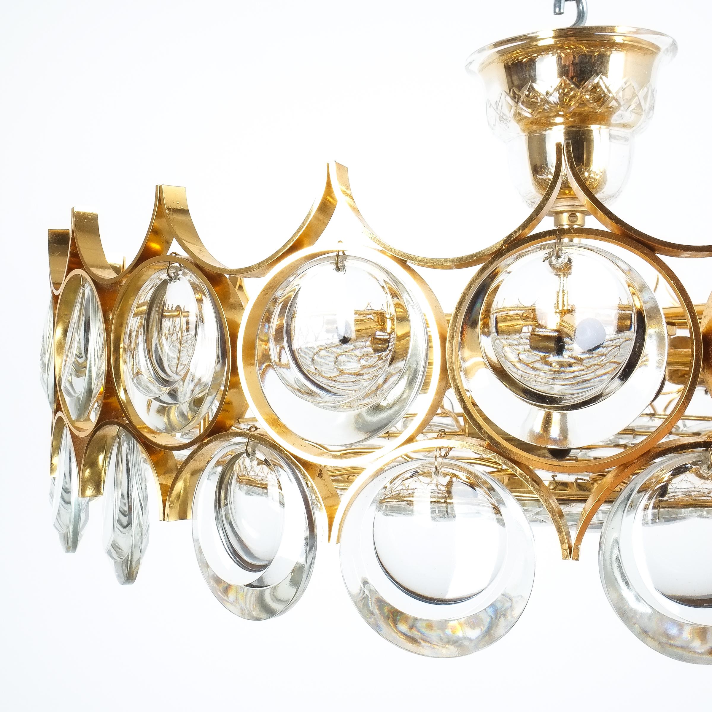 German Palwa Refurbished Gold Plated Brass and Glass Semi Flush Mount For Sale