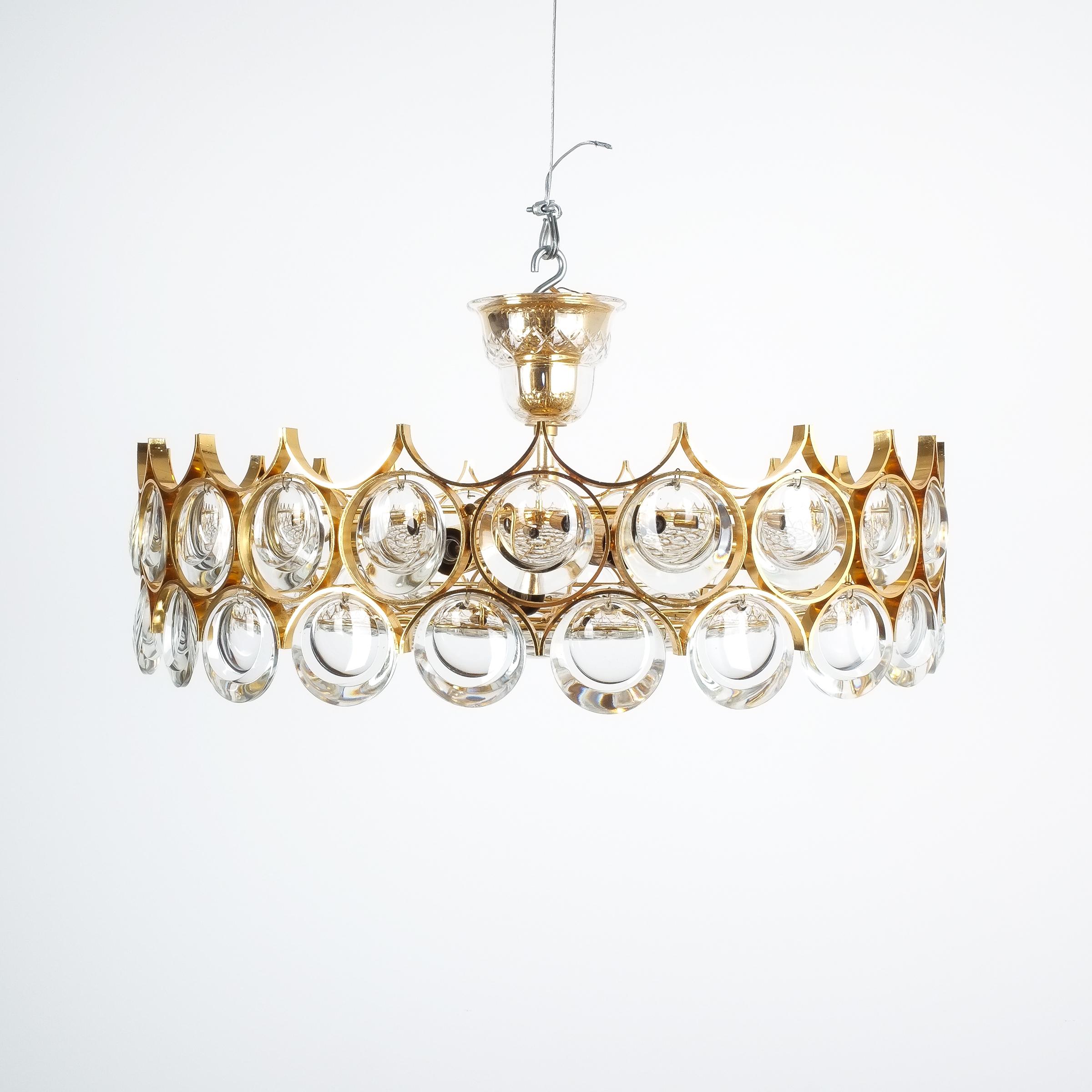Palwa Refurbished Gold Plated Brass and Glass Semi Flush Mount In Good Condition For Sale In Vienna, AT