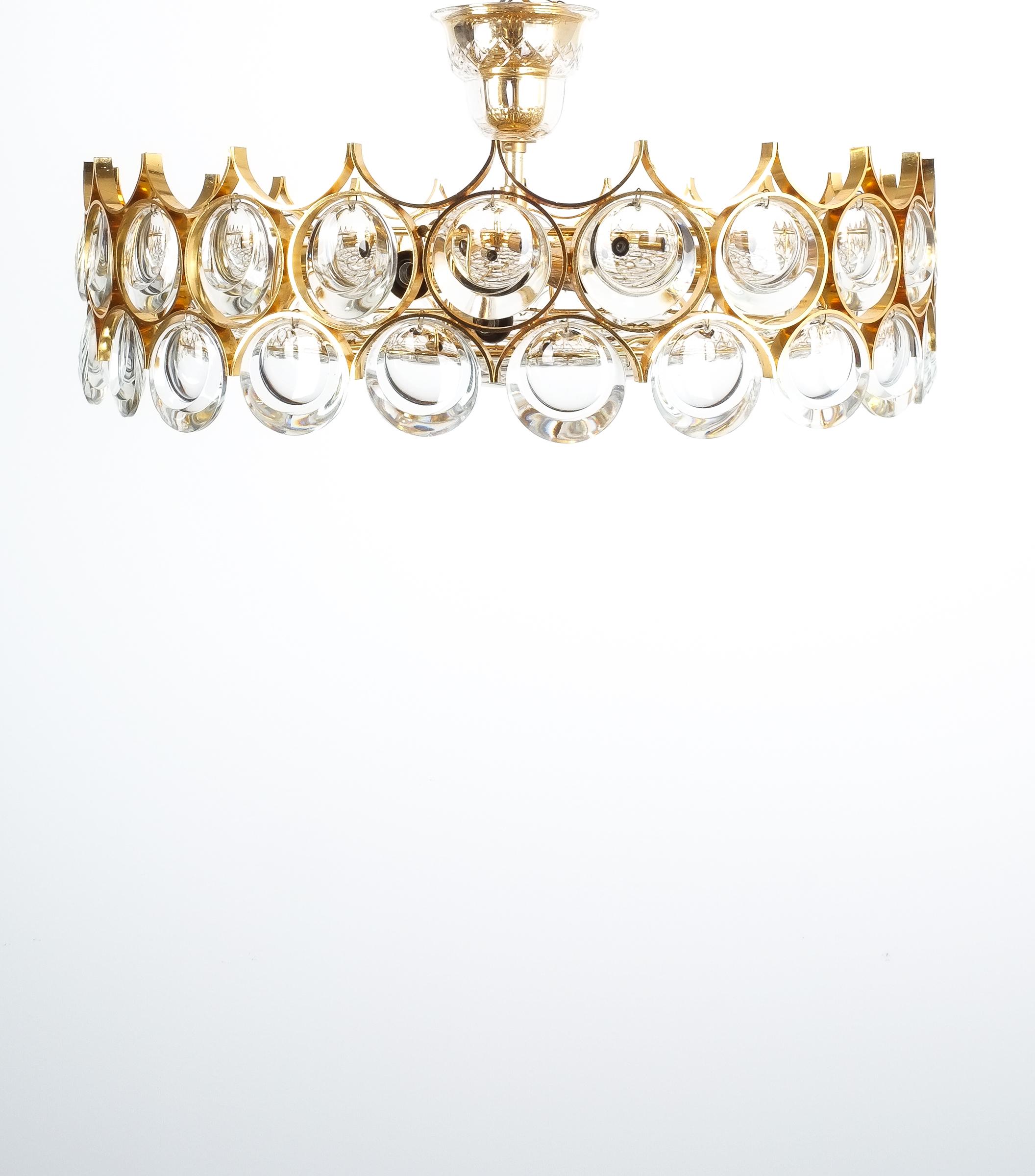 Mid-20th Century Palwa Refurbished Gold Plated Brass and Glass Semi Flush Mount For Sale