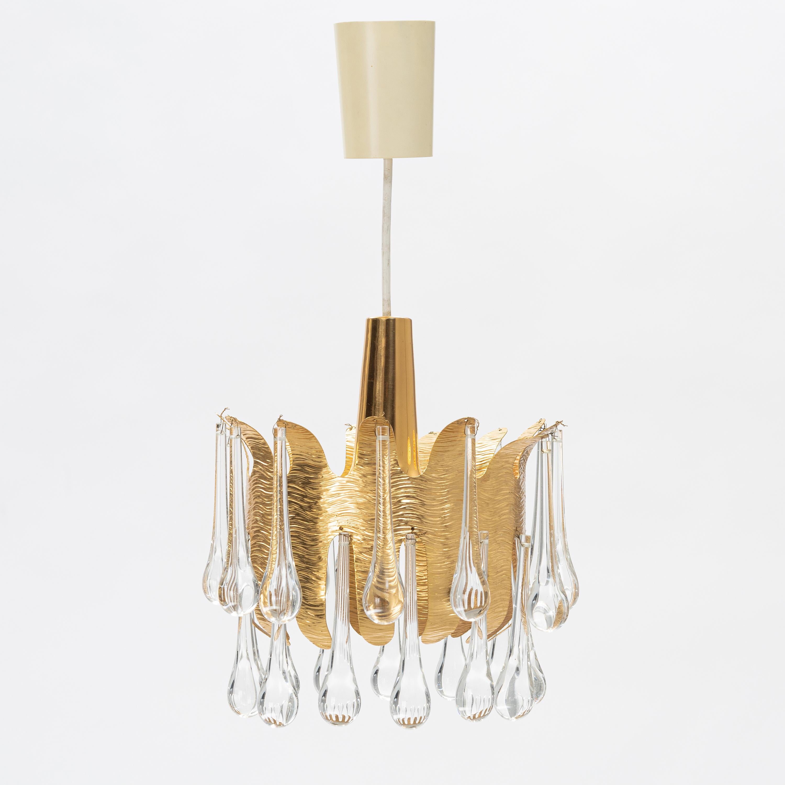 20th Century Palwa Palme & Walter ceiling lamp golden brass and Glass, Germany 1970's. For Sale